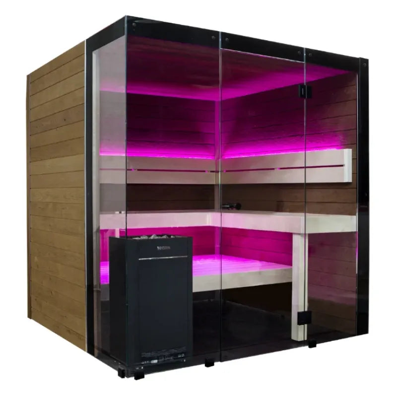 Infrared sauna with wooden exterior and pink interior lighting on a white background