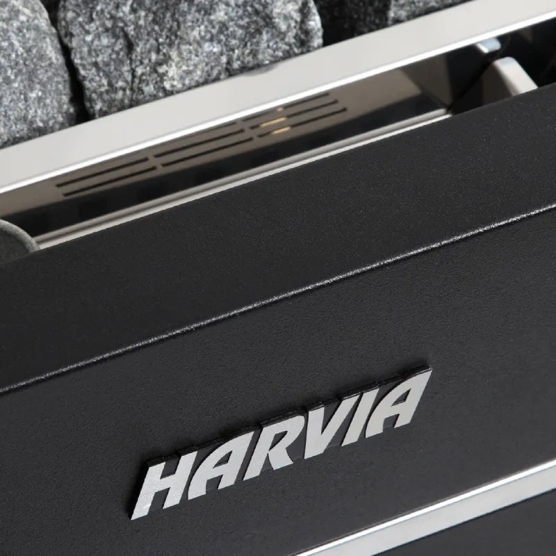 Close-up of a Harvia product with a focus on the brand name.