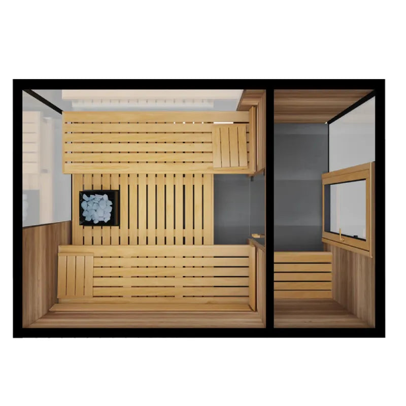 Wooden sauna with benches and a mirror on a white background