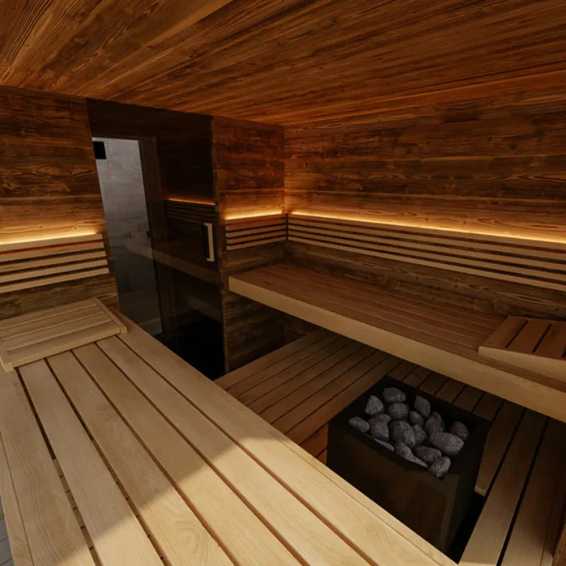Wooden sauna interior with benches and glowing lights.