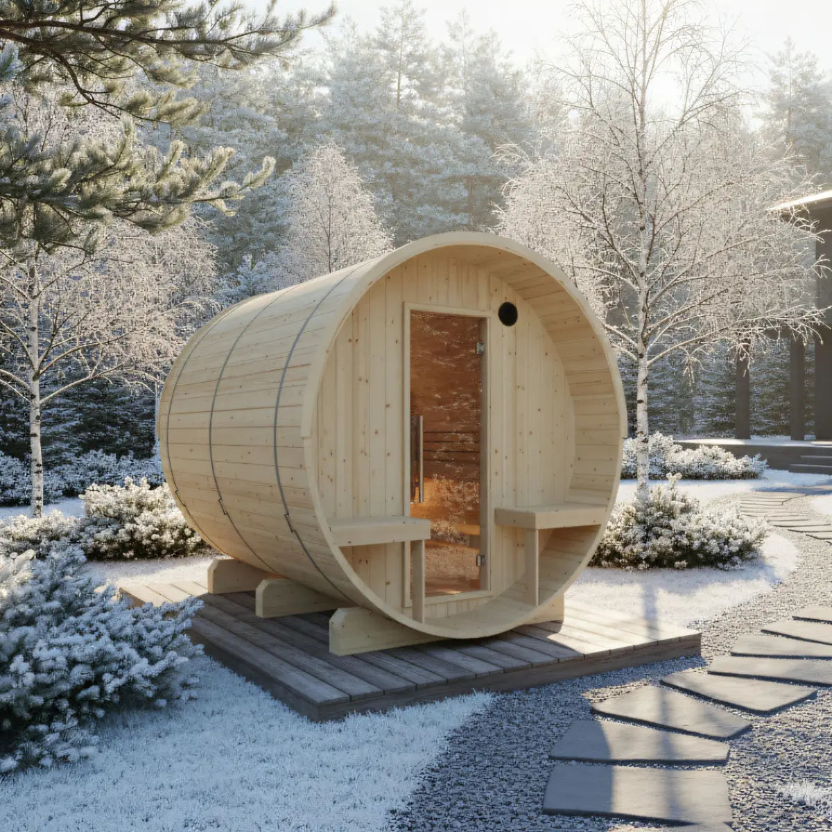 Turku Finnish Barrel Sauna with Terrace and WiFi Heater - Finnish Sauna Builders Natural,Walnut,Teak,Larch Finnish Barrel Saunas TurkuFinnishBarrelSaunawithTerrace-FinnishSaunaBuilders_2.webp