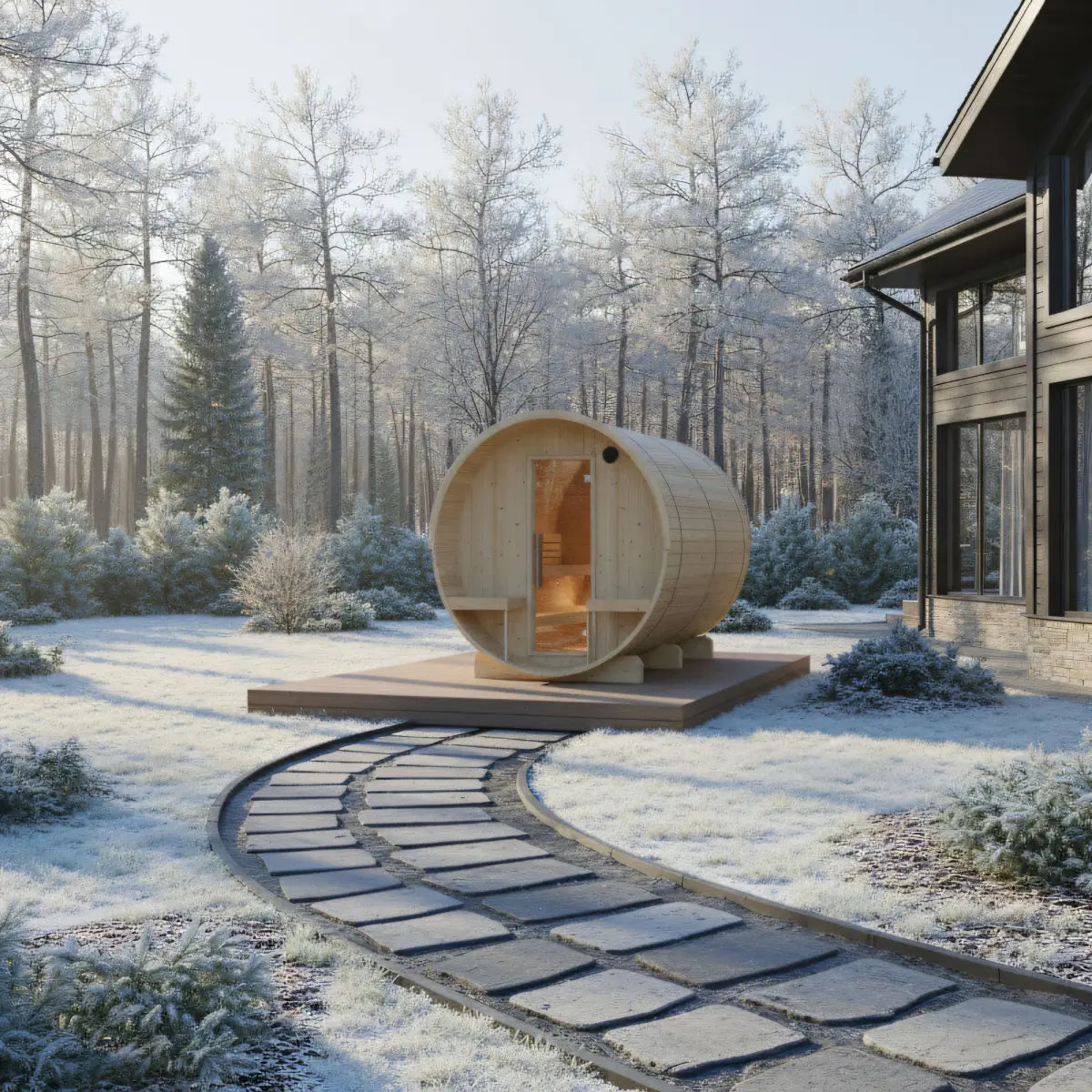 Turku Finnish Barrel Sauna with Terrace and WiFi Heater - Finnish Sauna Builders Natural,Walnut,Teak,Larch Finnish Barrel Saunas TurkuFinnishBarrelSaunawithTerrace-FinnishSaunaBuilders_3.webp