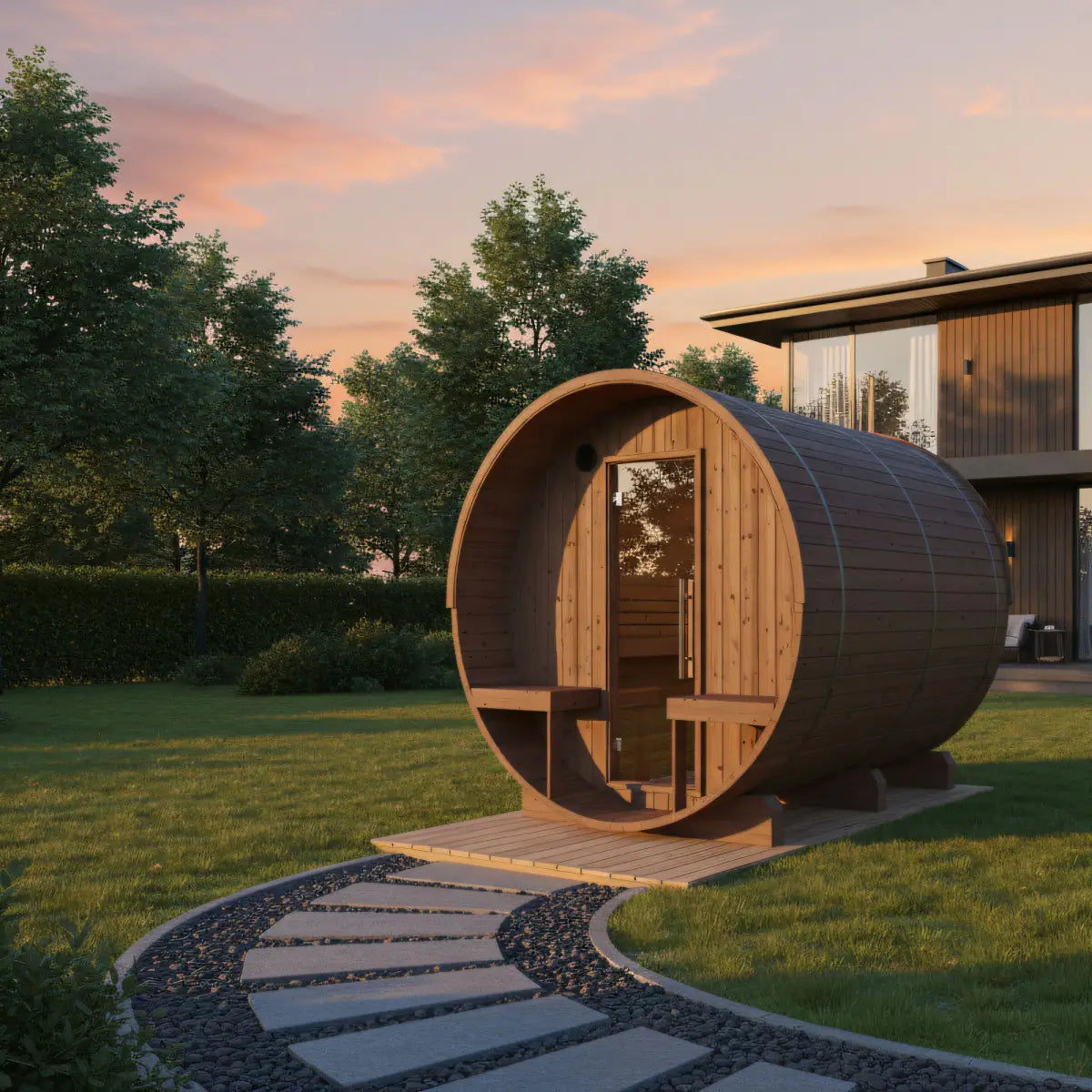 Turku Finnish Barrel Sauna with Terrace and WiFi Heater - Finnish Sauna Builders Natural,Walnut,Teak,Larch Finnish Barrel Saunas TurkuFinnishBarrelSaunawithTerrace-FinnishSaunaBuilders_5.webp