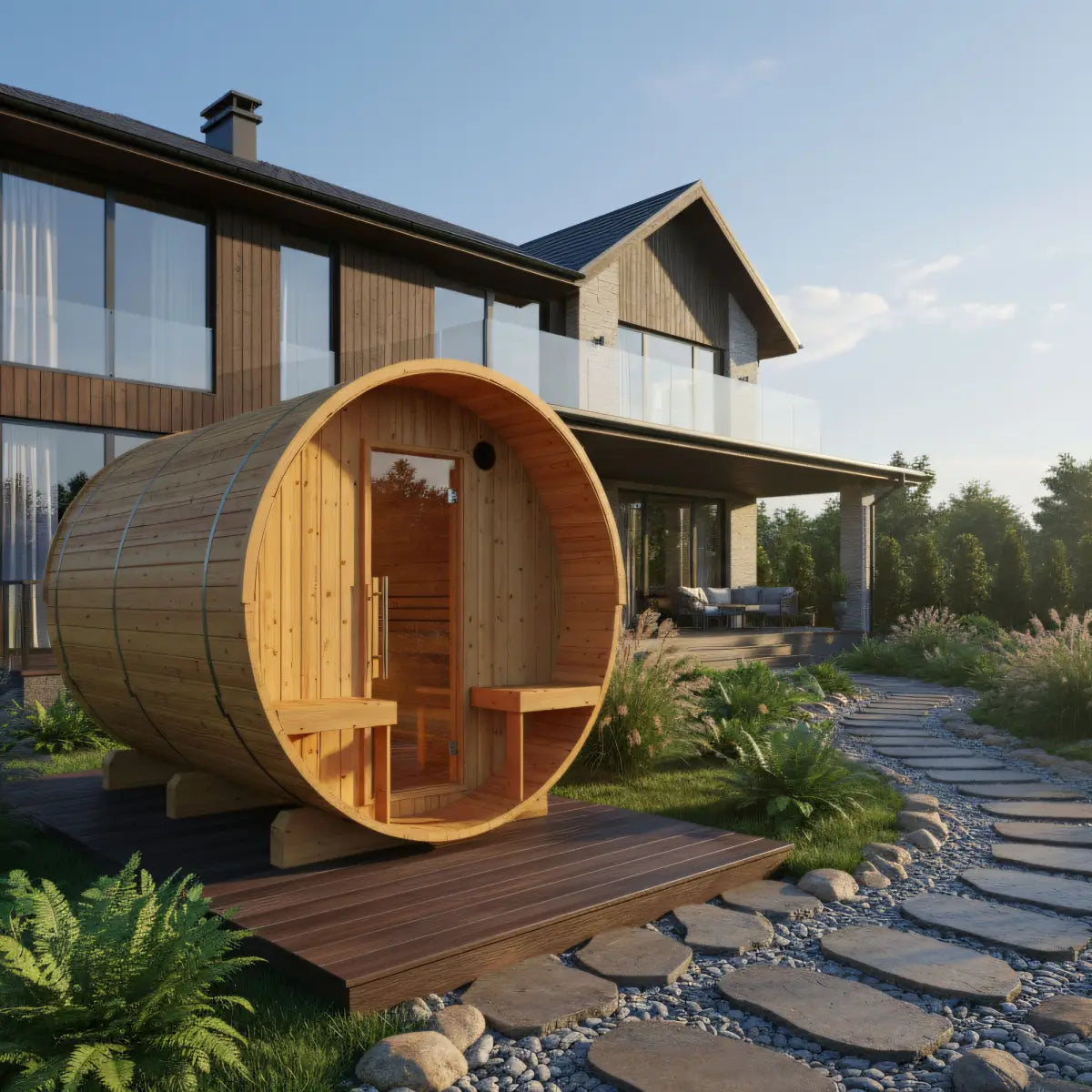 Turku Finnish Barrel Sauna with Terrace and WiFi Heater - Finnish Sauna Builders Natural,Walnut,Teak,Larch Finnish Barrel Saunas TurkuFinnishBarrelSaunawithTerrace-FinnishSaunaBuilders_6.webp