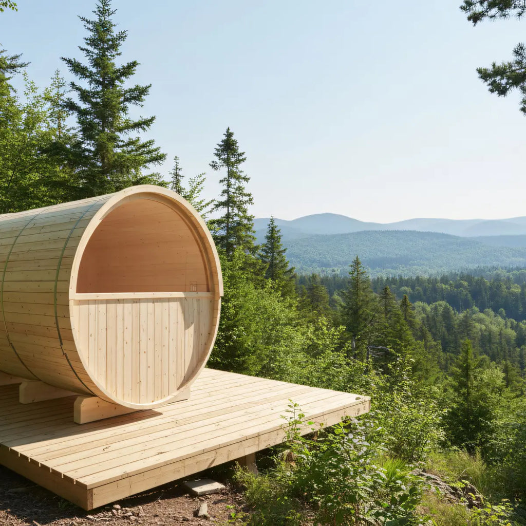 Turku Finnish Barrel Sauna with Terrace and WiFi Heater - Finnish Sauna Builders Natural,Walnut,Teak,Larch Finnish Barrel Saunas TurkuFinnishBarrelSaunawithTerrace-FinnishSaunaBuilders_8.webp