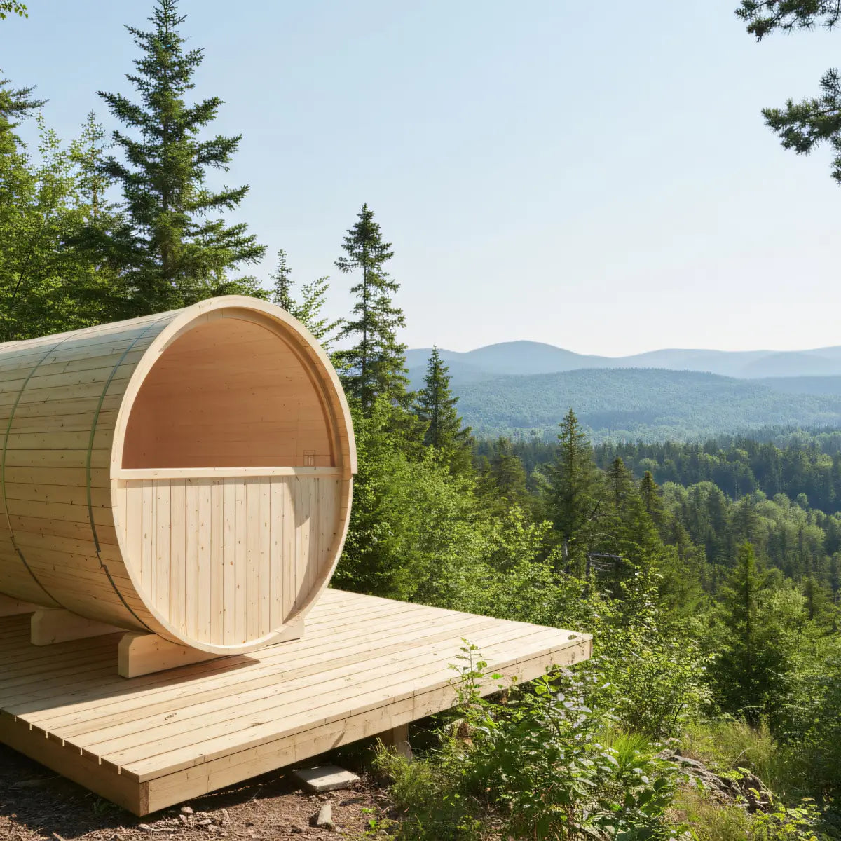 Turku Finnish Barrel Sauna with Terrace and WiFi Heater - Finnish Sauna Builders Natural,Walnut,Teak,Larch Finnish Barrel Saunas TurkuFinnishBarrelSaunawithTerrace-FinnishSaunaBuilders_8.webp