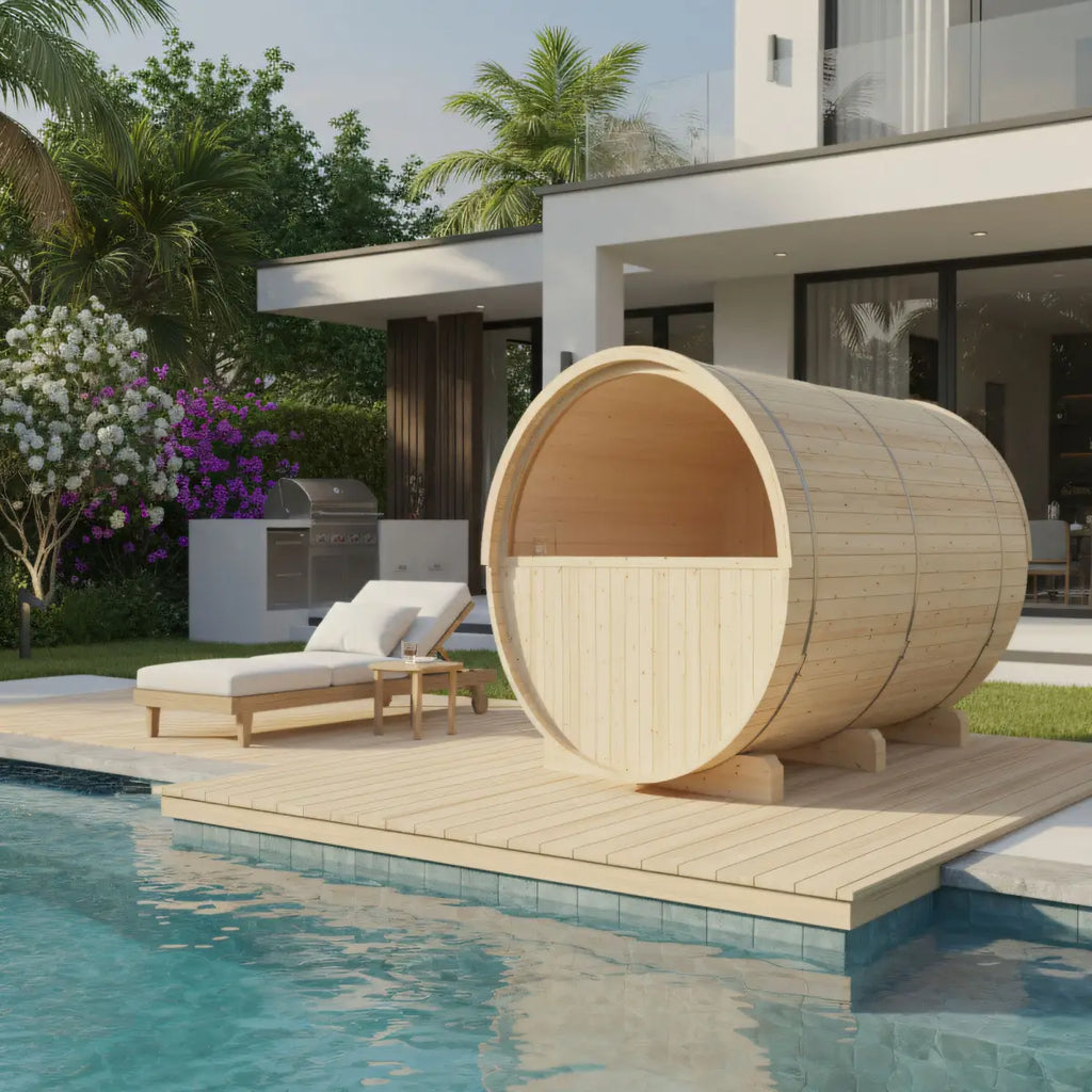 Turku Finnish Barrel Sauna with Terrace and WiFi Heater - Finnish Sauna Builders Natural,Walnut,Teak,Larch Finnish Barrel Saunas TurkuFinnishBarrelSaunawithTerrace-FinnishSaunaBuilders_9.webp