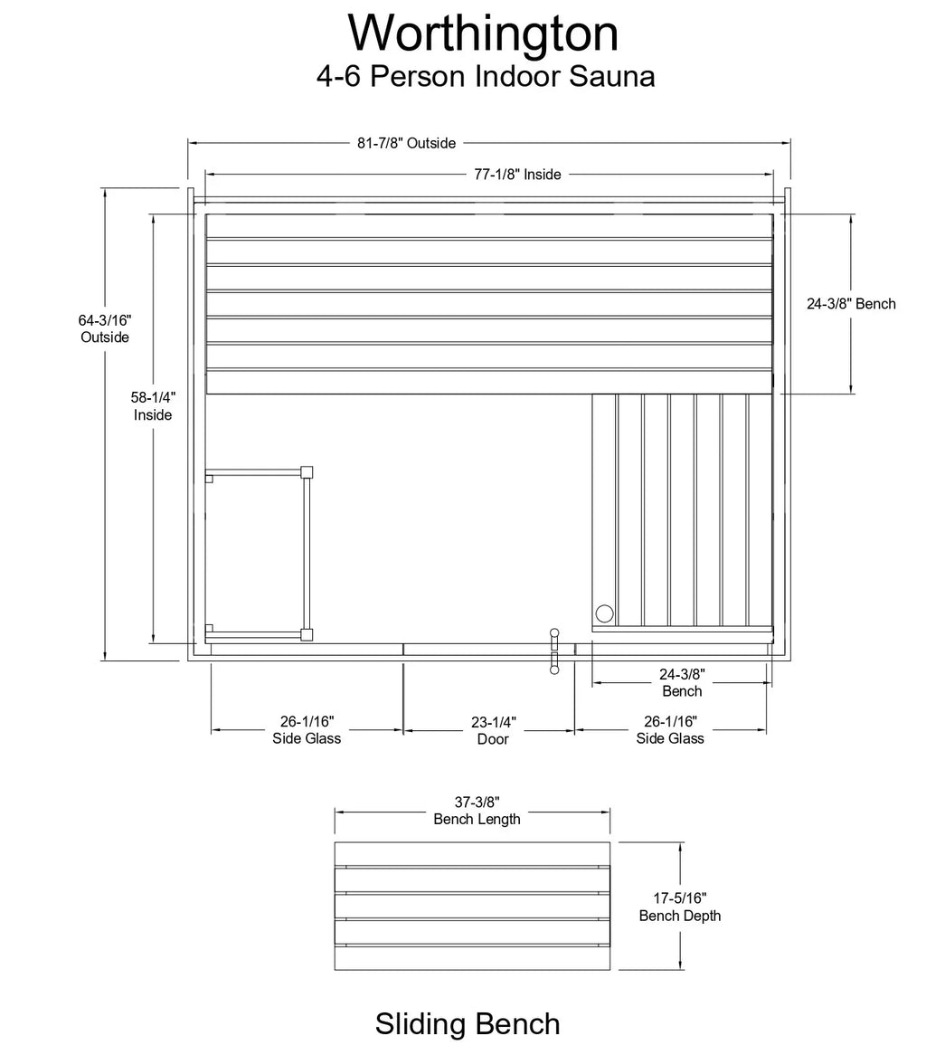 Almost Heaven Worthington Indoor Sauna Element Series - Nordic Spruce (4-Person) Almost Heaven Sauna WorthingtonLayoutDrawing.webp