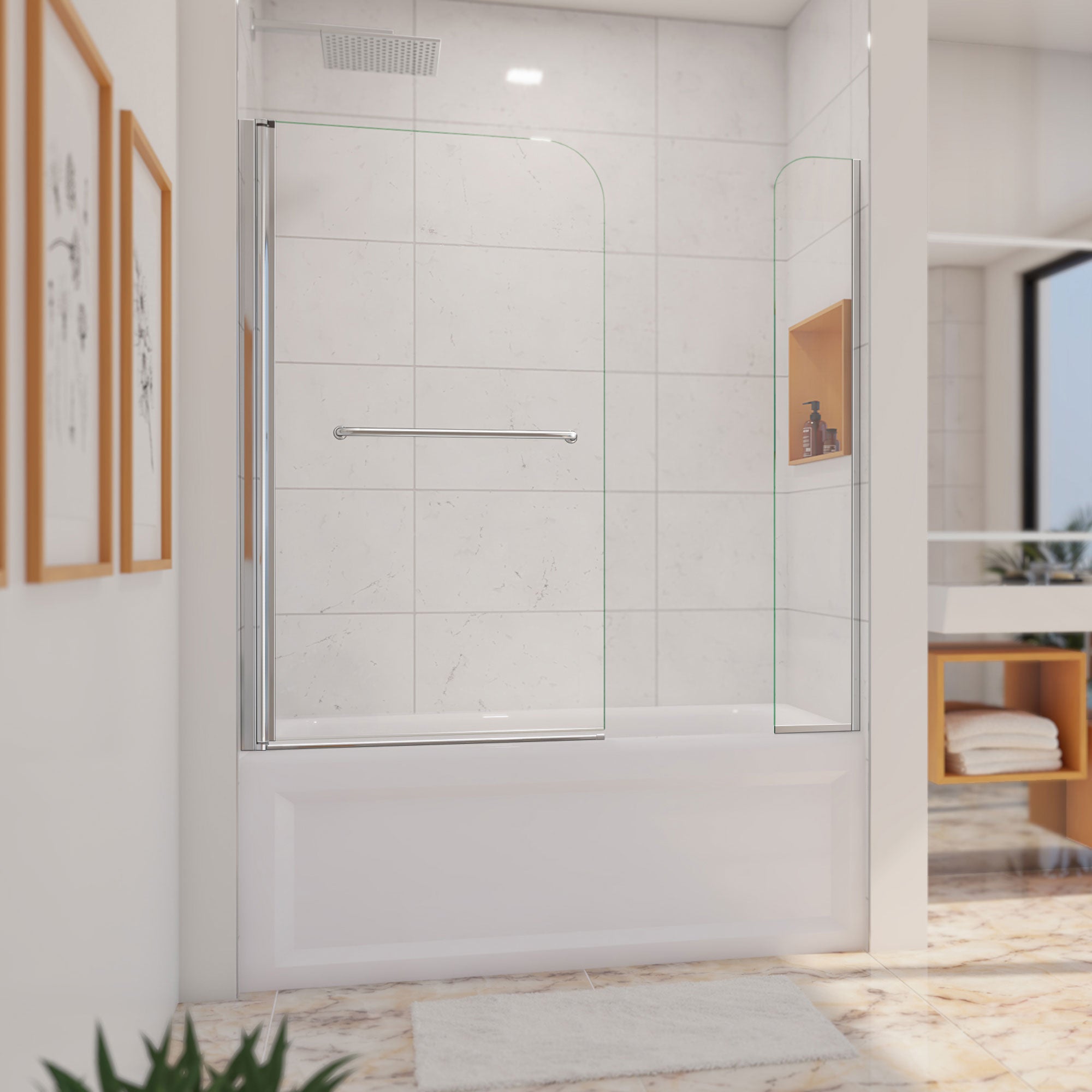 DreamLine Aqua Swing 56 - 60 inch W x 58 inch H Frameless Swing Tub Door with Extender Panel