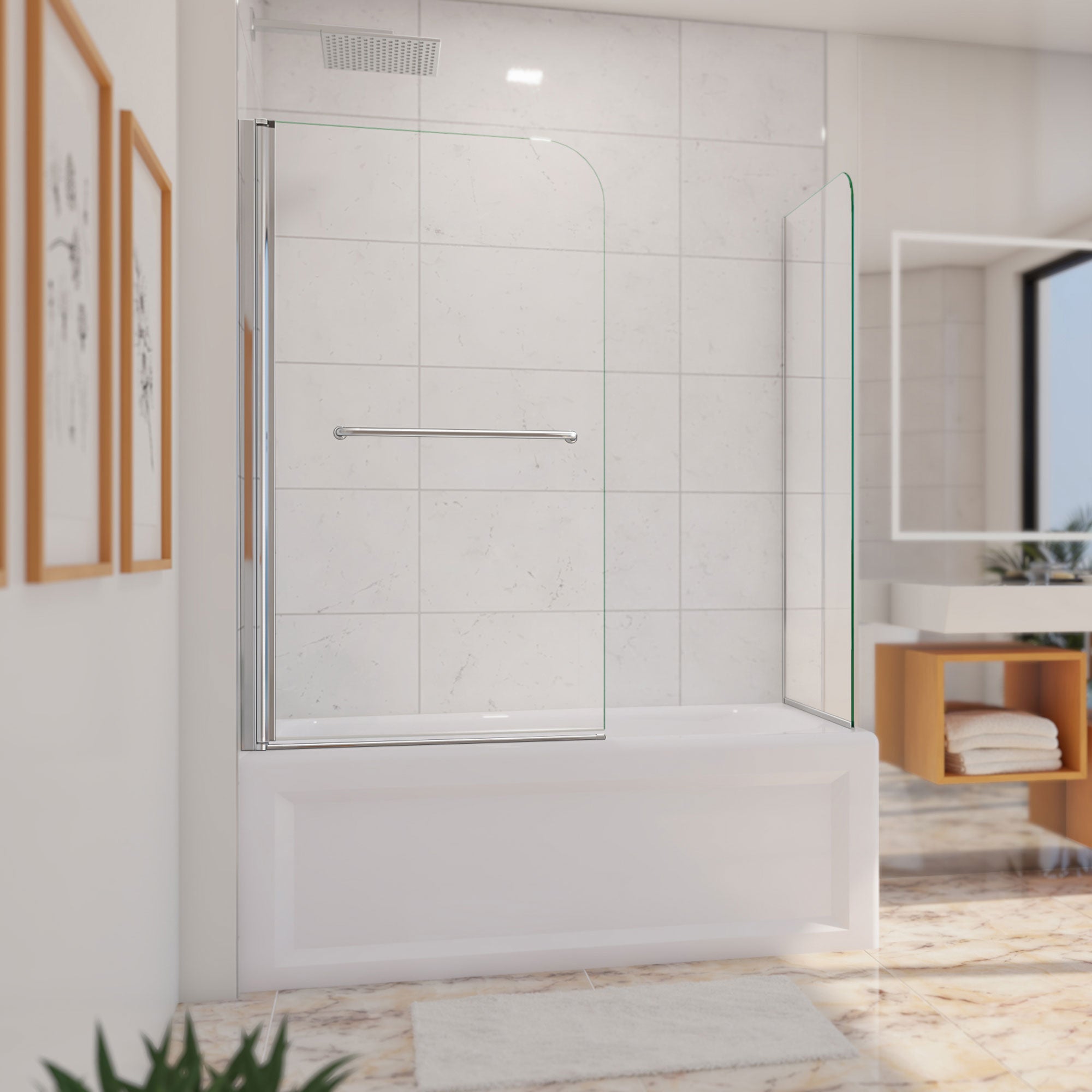 DreamLine Aqua Swing 56 - 60 inch W x 30 inch D x 58 inch H Frameless Tub Door with Return Panel in Chrome