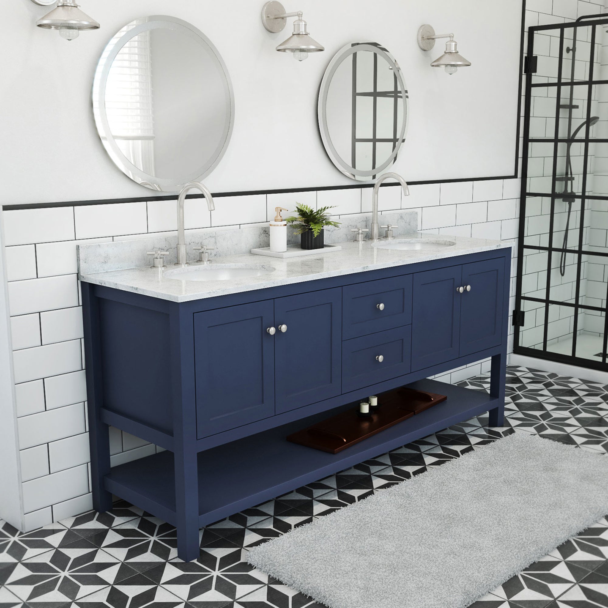 DreamLine Continuum 72 inch W x 22 inch D x 34 inch H Double Oval Sink Modern Vanity in Navy Blue with White Top