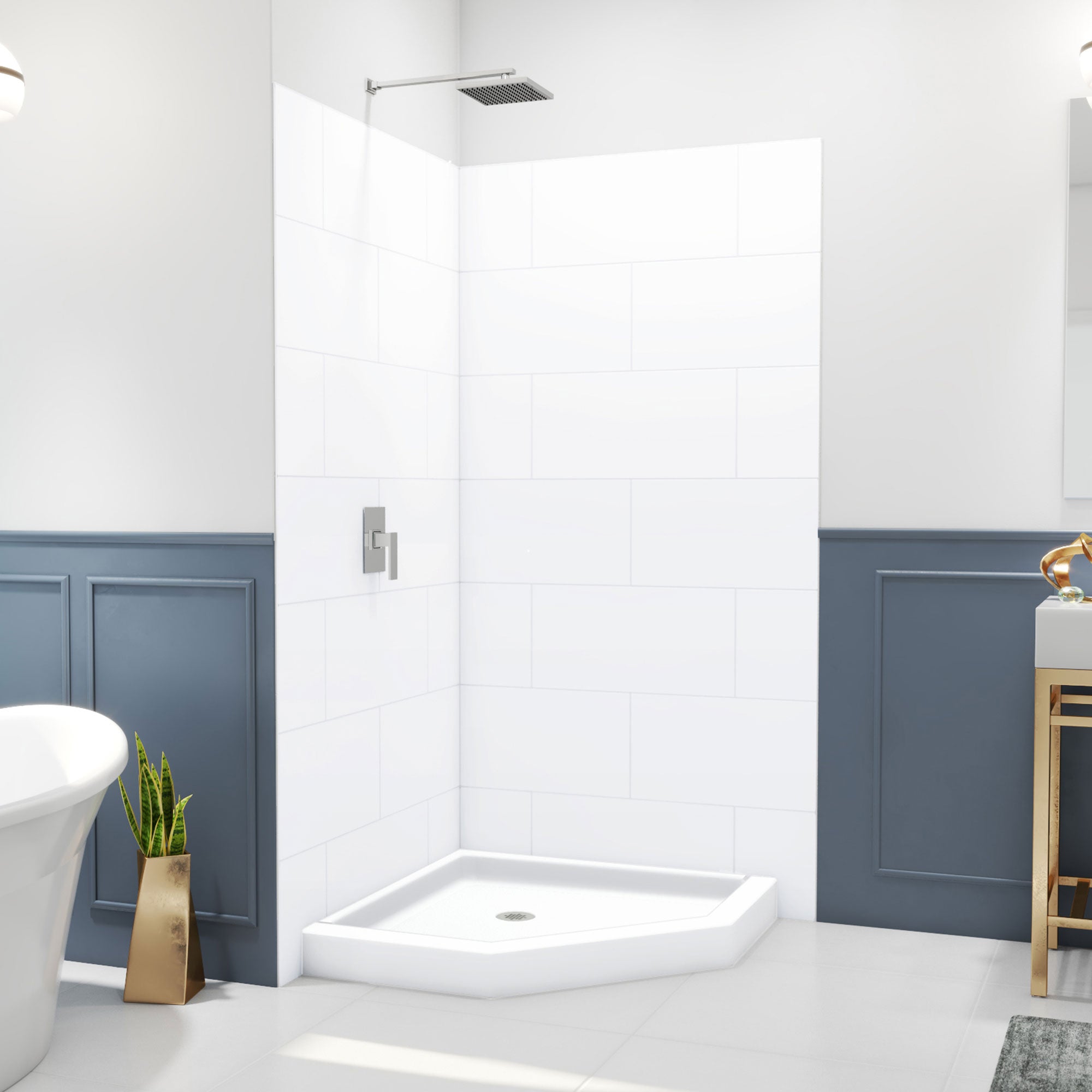 DreamLine DreamStone 38 inch D x 38 inch W Center Drain Shower Base and Subway Wall Kit