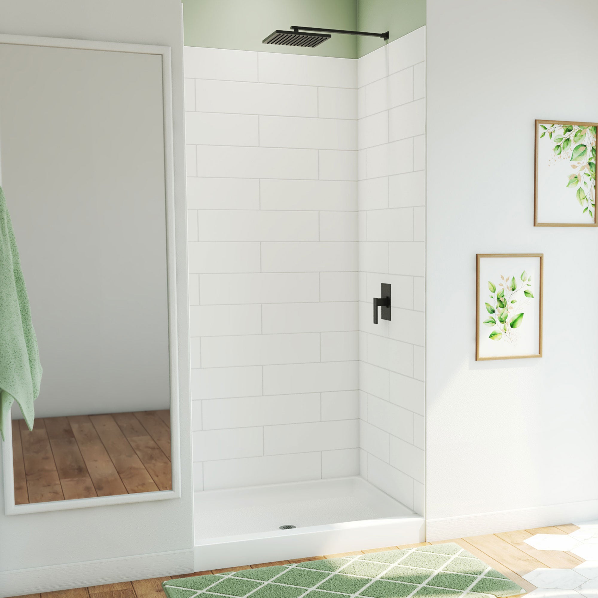 DreamLine DreamStone 34 inch D x 42 inch W Center Drain Shower Base and Modern Subway Wall Kit