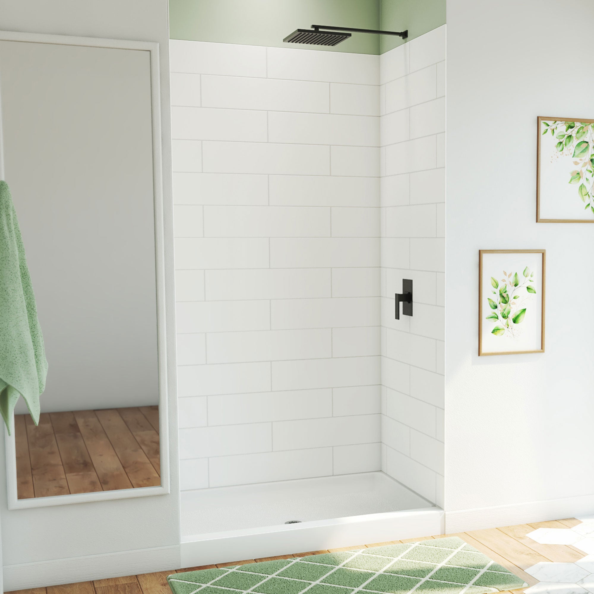 DreamLine DreamStone 32 inch D x 48 inch W Center Drain Shower Base and Modern Subway Wall Kit