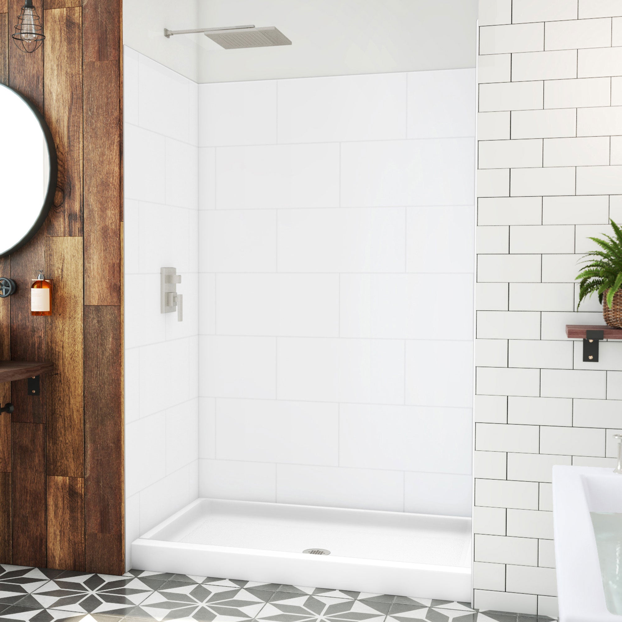 DreamLine DreamStone 34 inch D x 54 inch W Center Drain Shower Base and Subway Wall Kit