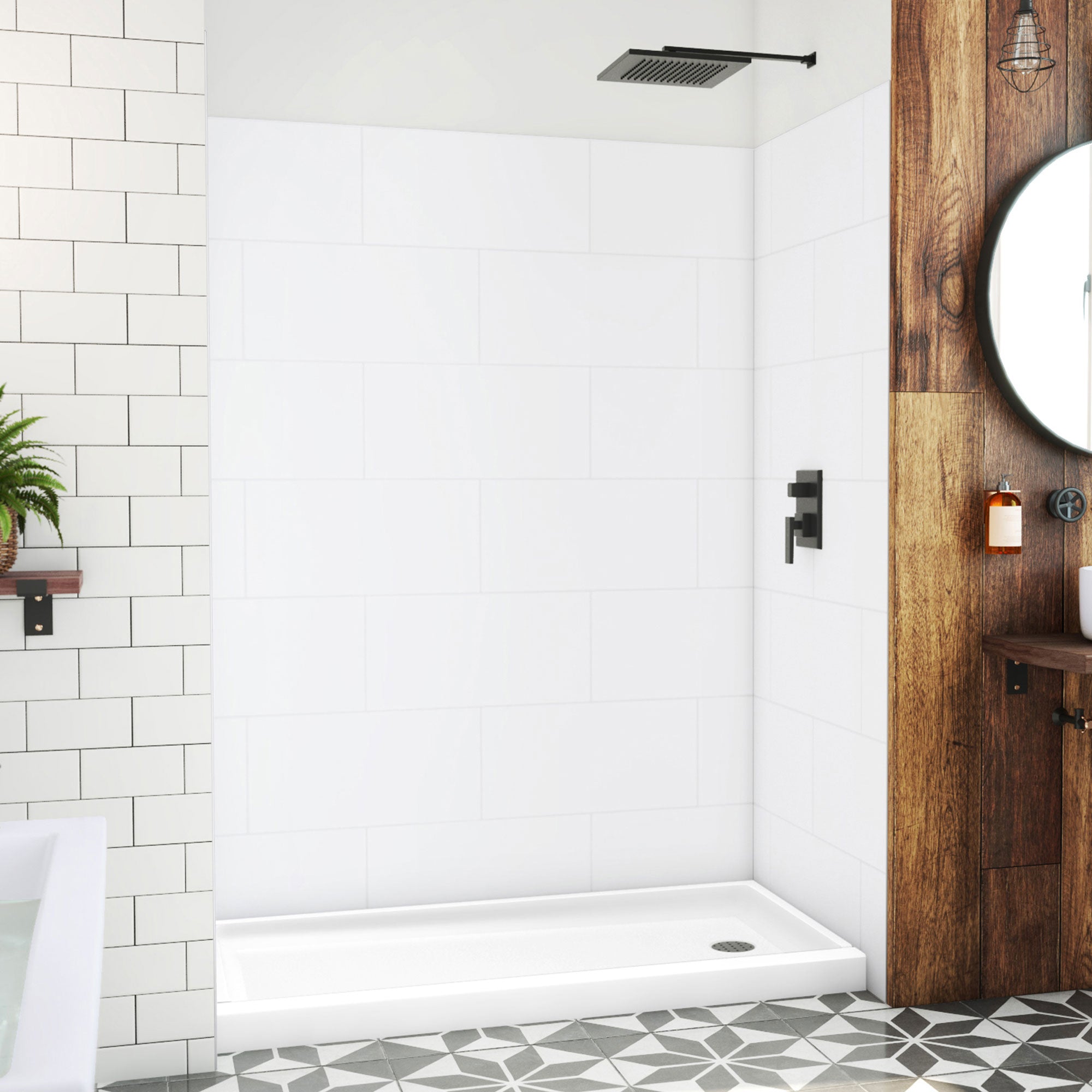DreamLine DreamStone 32 inch D x 60 inch W Right Drain Shower Base and Traditional Subway Wall Kit