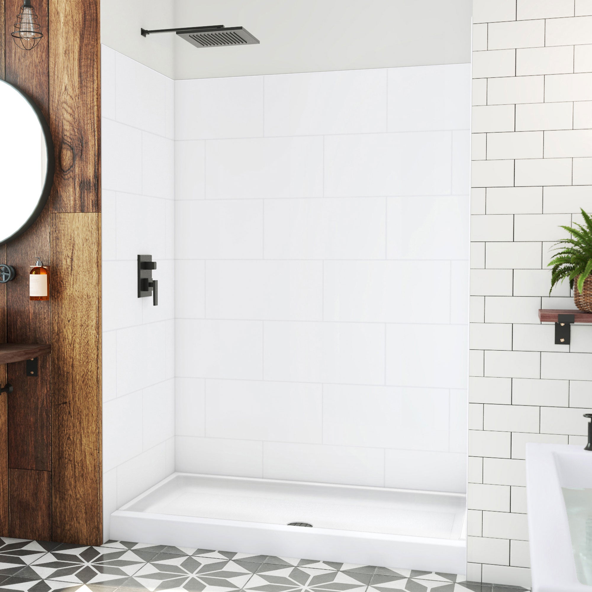 DreamLine DreamStone 34 inch D x 60 inch W Center Drain Shower Base and Subway Wall Kit
