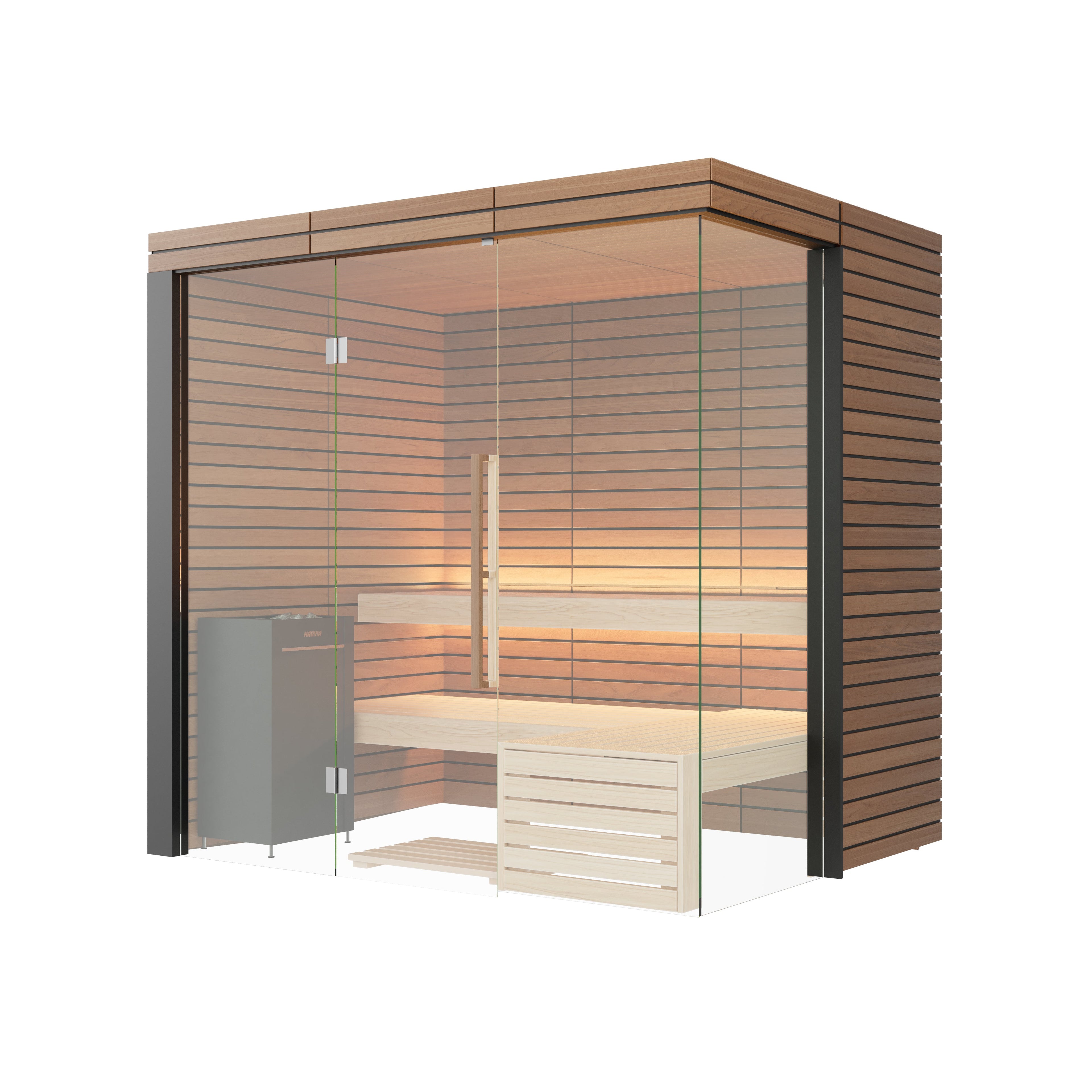 Harvia Lindea View Luxury 2-3 Person | Thermo Wood Reversible Sauna | With Virta 8KW Heater Thermo Wood Exterior and Light Lime Wood Interior,Thermo Wood Interior and Exterior Harvia dark45.jpg