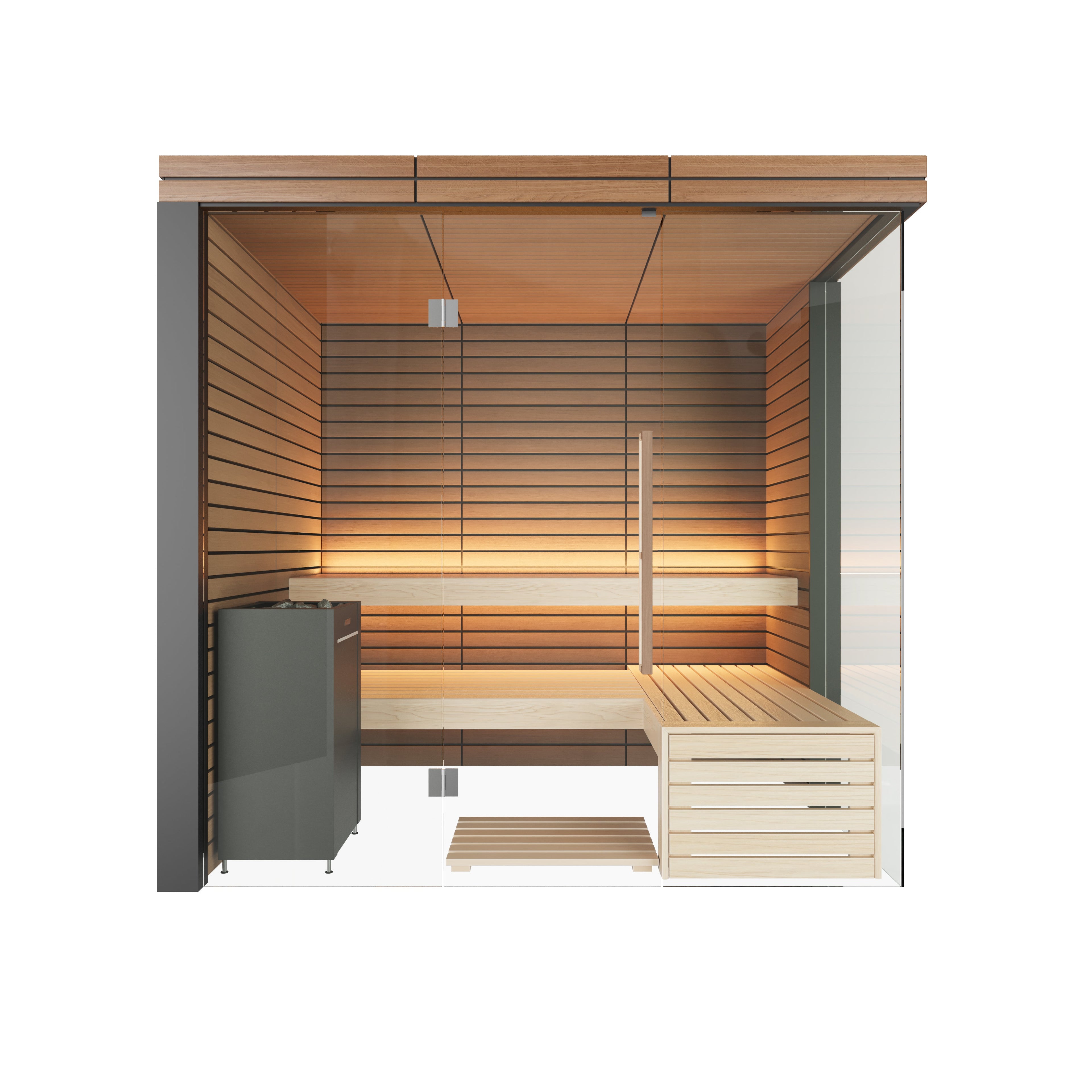 Harvia Lindea View Luxury 2-3 Person | Thermo Wood Reversible Sauna | With Virta 8KW Heater Thermo Wood Exterior and Light Lime Wood Interior,Thermo Wood Interior and Exterior Harvia darkfront.jpg