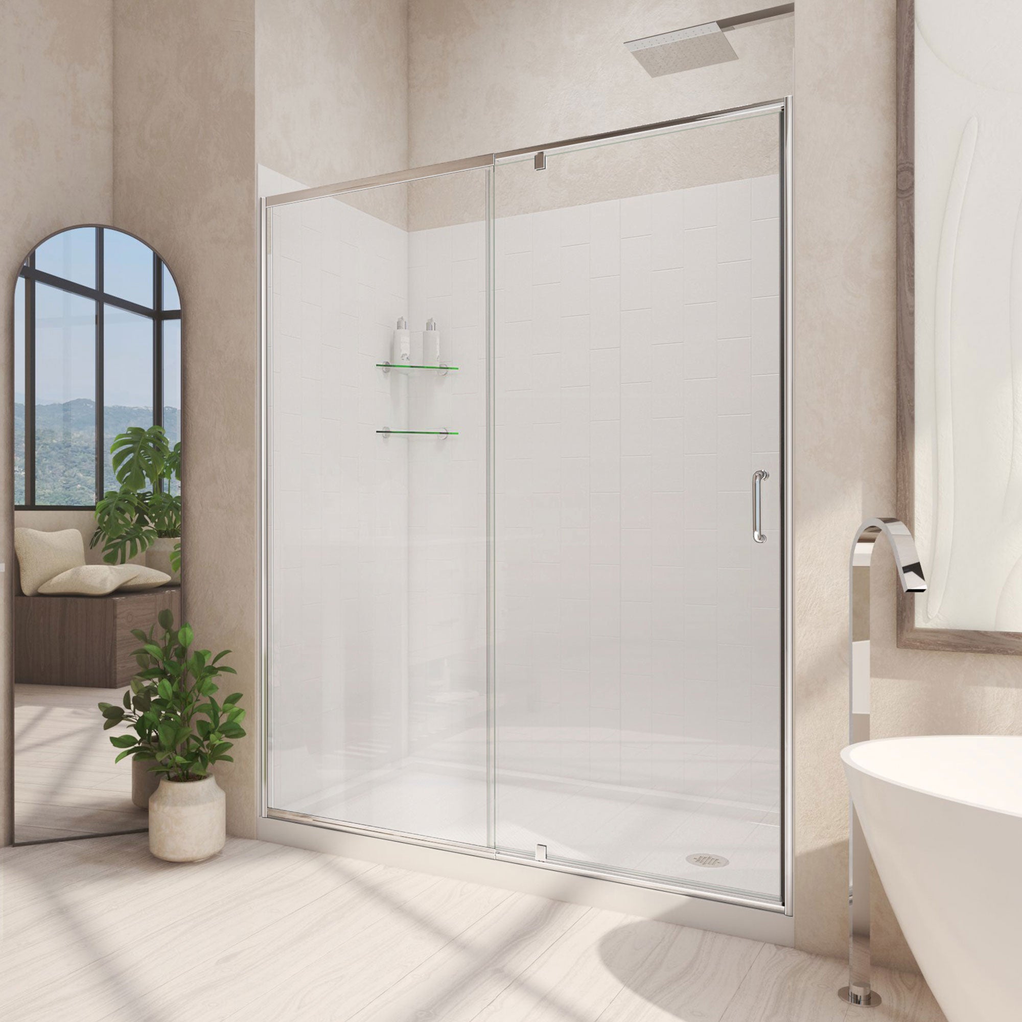 DreamLine Flex 32" D x 60" W x 78 3/4" H Semi-Frameless Pivot Shower Door with Drain,  Shower Base, and Wall Kit in White