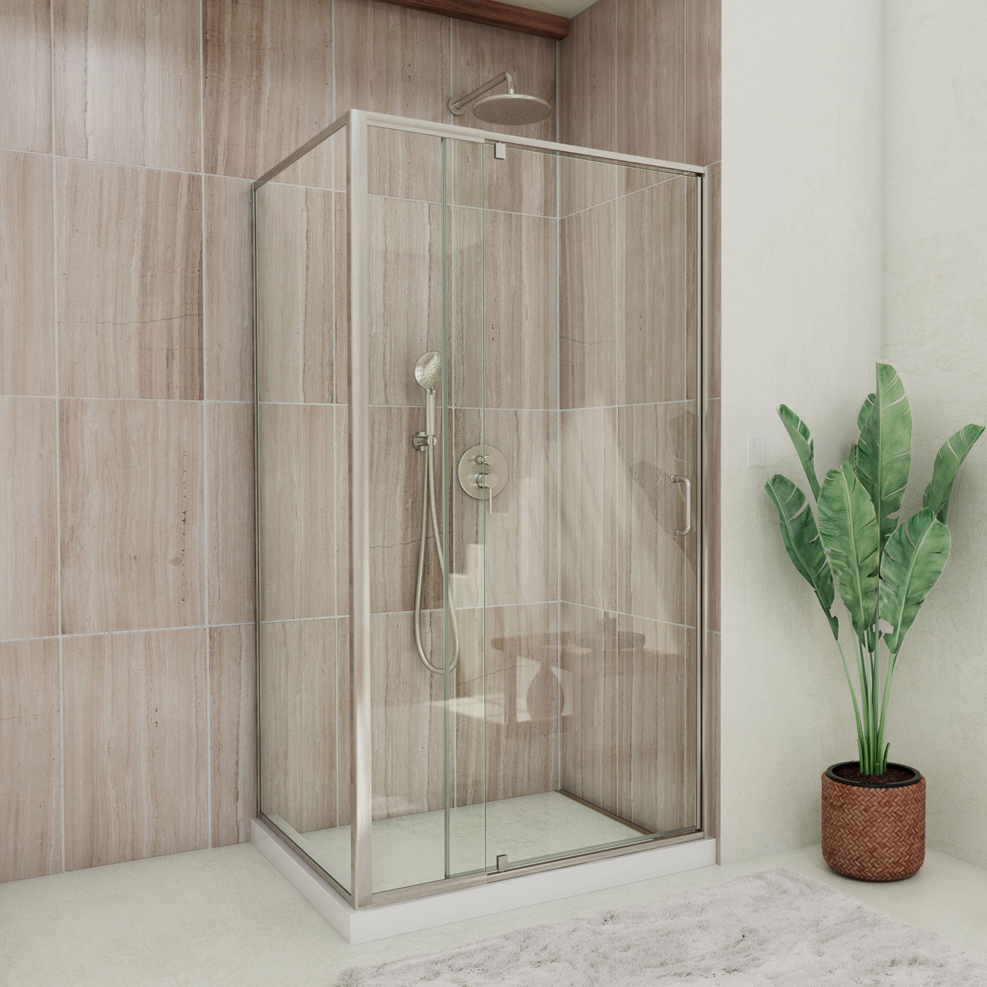 DreamLine Flex 34 1/2 inch D x 44 7/16 - 48 7/16 inch W x 72 inch H. Semi-Frameless Pivot Shower Enclosure