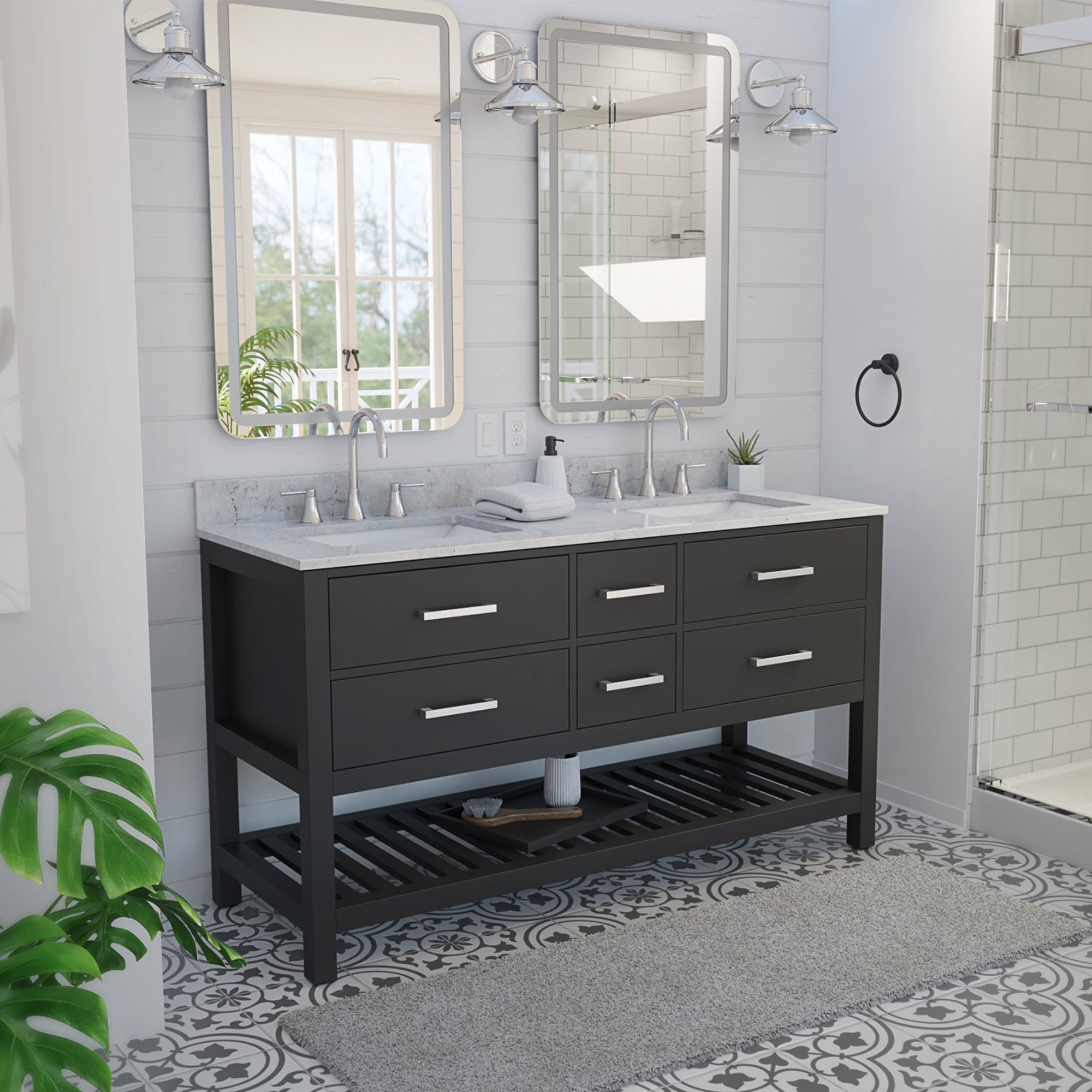 DreamLine Valencia 60 inch W x 22 inch D x 34 inch H Double Rectangular Sink Birch & Oak Vanity