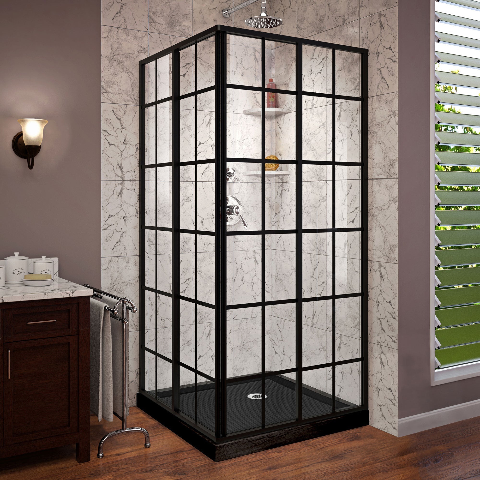 DreamLine French Corner 42 inch D x 42 inch W x 74 3/4 inch H Framed Sliding Shower Enclosure in Matte Black and Black Shower Base Kit