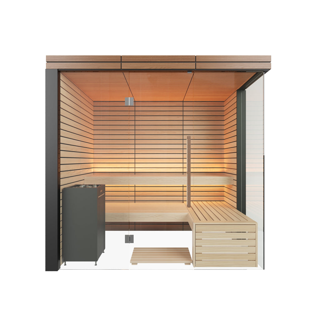 Harvia Lindea View Luxury 2-3 Person | Thermo Wood Reversible Sauna | With Virta 8KW Heater Thermo Wood Exterior and Light Lime Wood Interior,Thermo Wood Interior and Exterior Harvia front_final.jpg