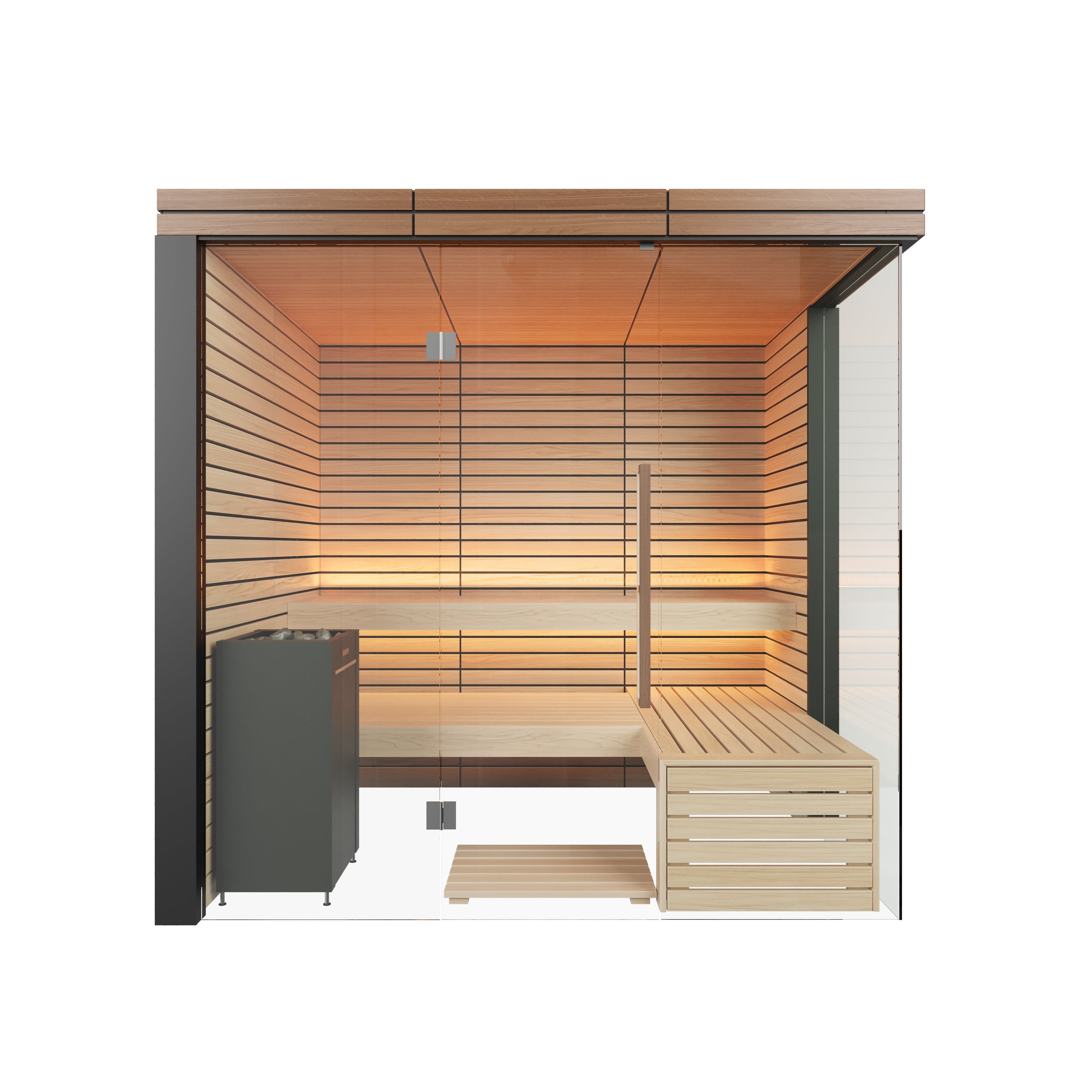Harvia Lindea View Luxury 2-3 Person | Thermo Wood Reversible Sauna | With Virta 8KW Heater Thermo Wood Exterior and Light Lime Wood Interior,Thermo Wood Interior and Exterior Harvia front_final.jpg