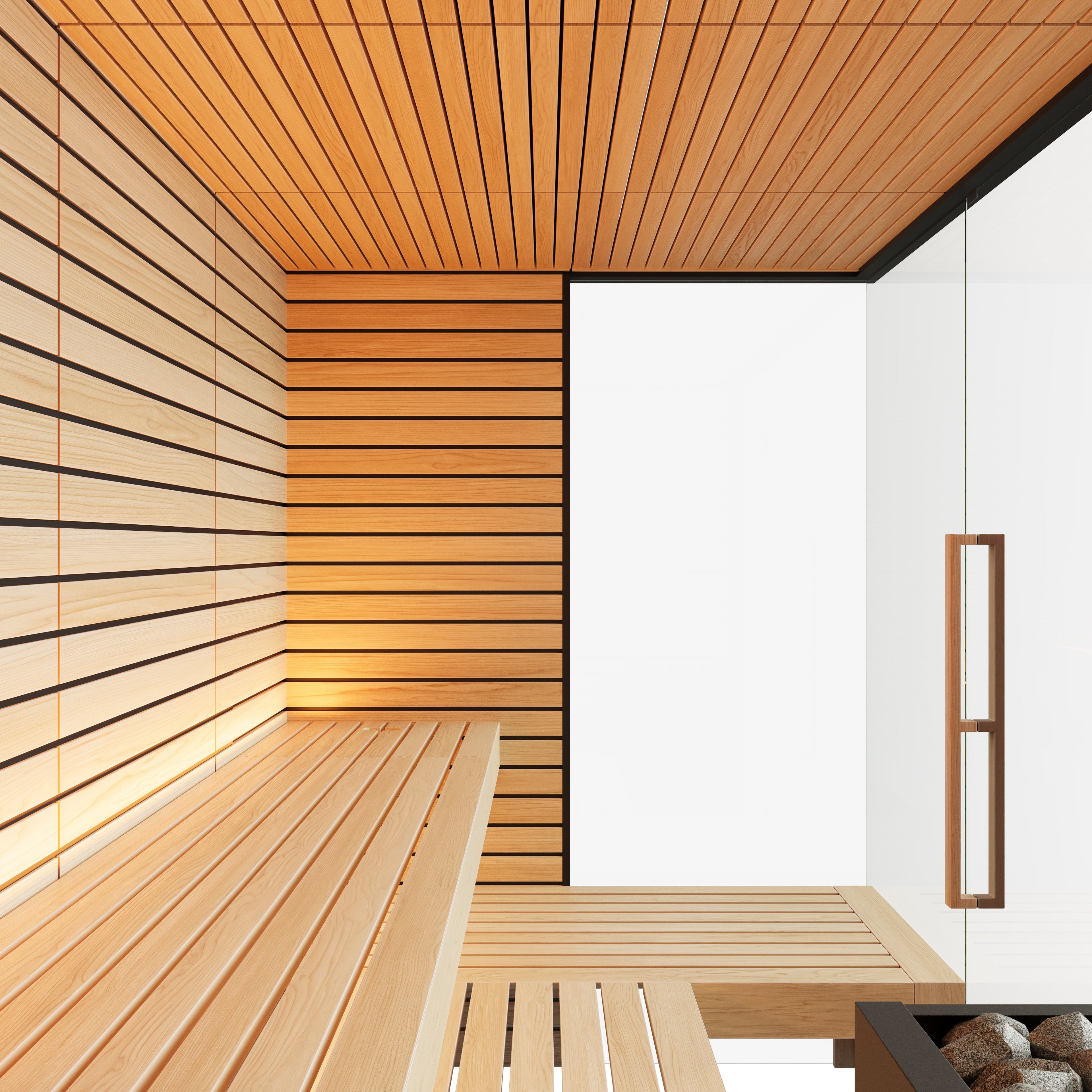 Harvia Lindea View Luxury 2-3 Person | Thermo Wood Reversible Sauna | With Virta 8KW Heater Thermo Wood Exterior and Light Lime Wood Interior,Thermo Wood Interior and Exterior Harvia interior_final.jpg