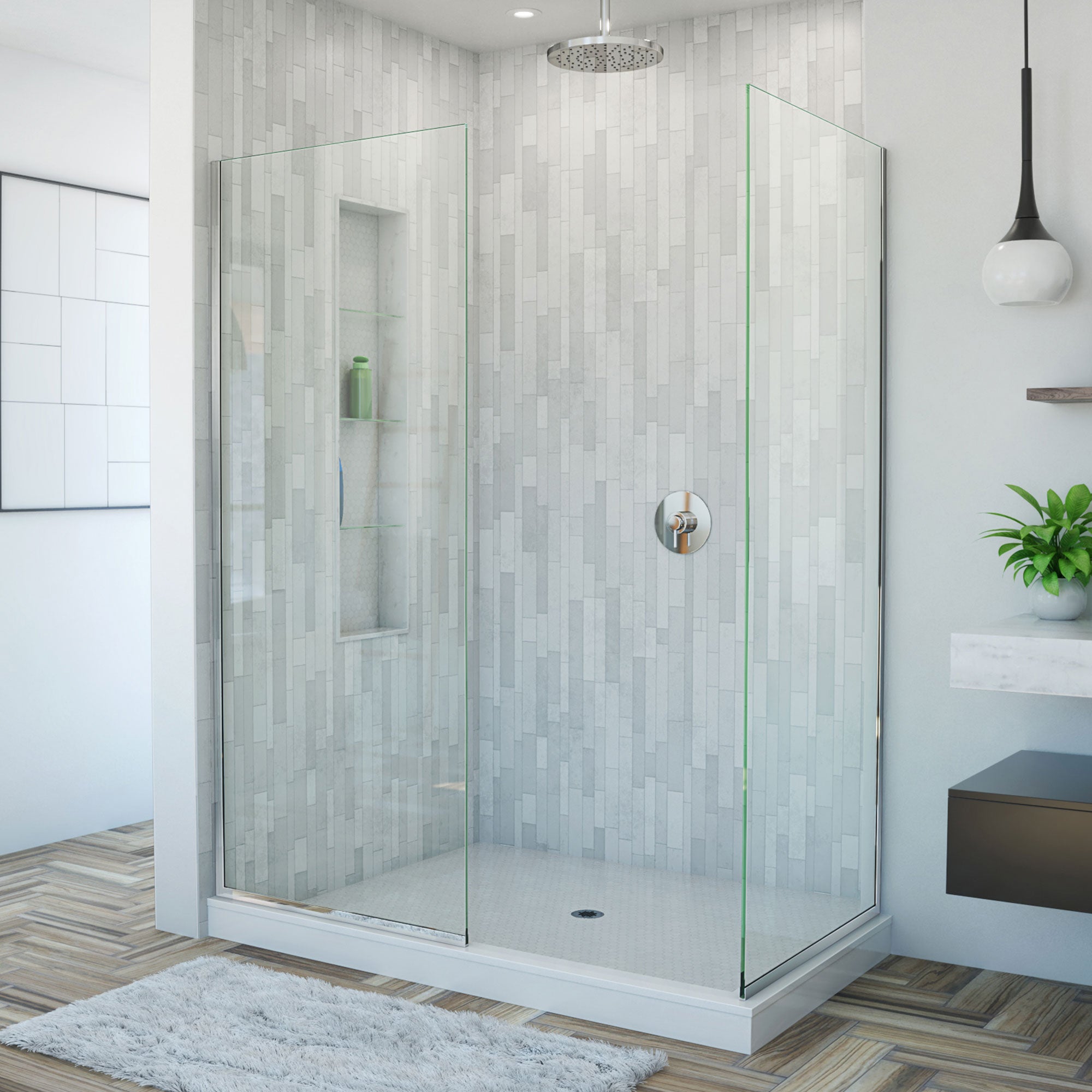 DreamLine Linea One 34 inch W and one 30 inch W x 72 inch H Individual Frameless Fixed Shower Screens