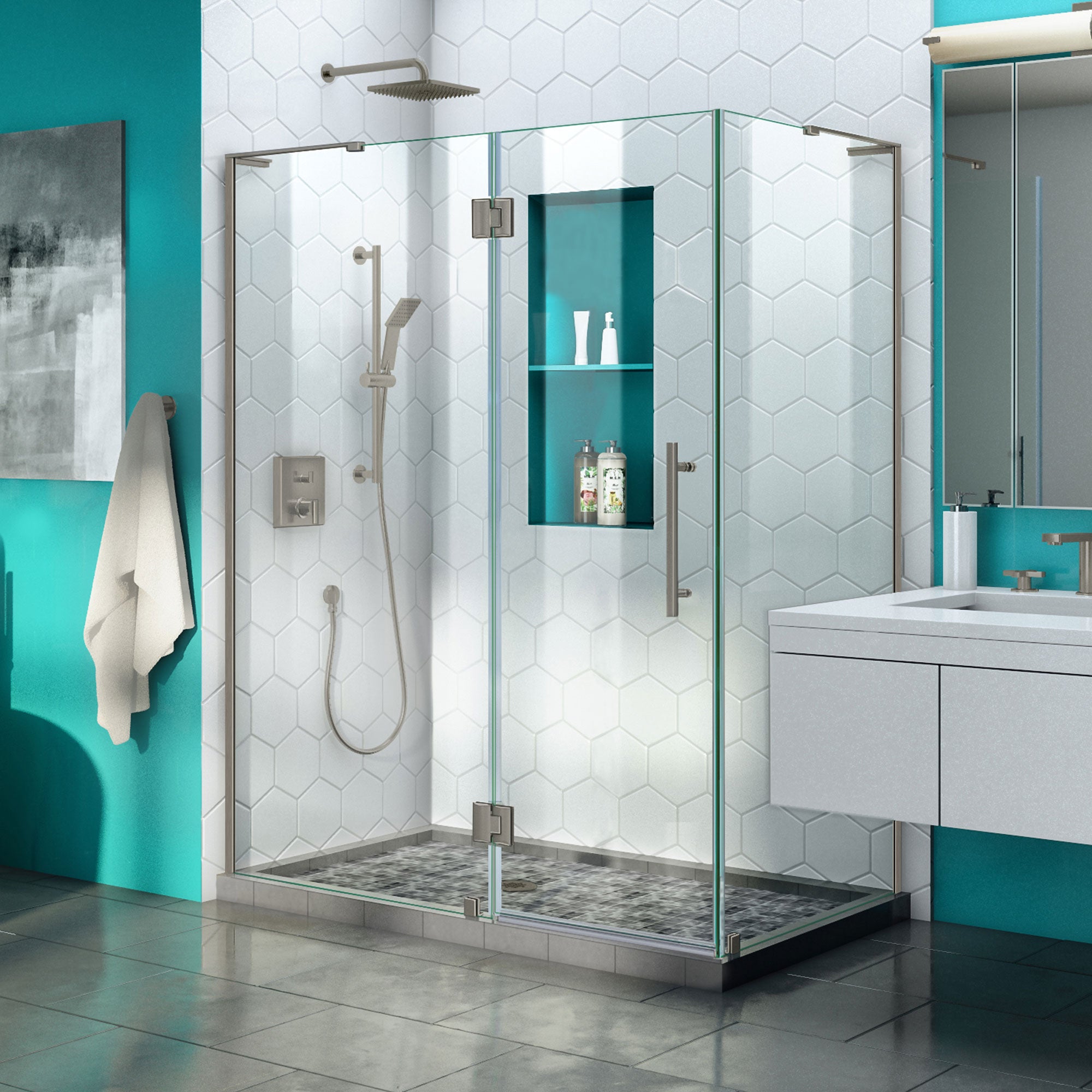 DreamLine Quatra Plus 34 1/8 inch D x 58 3/8 inch W x 72 inch H Frameless Hinged Shower Enclosure