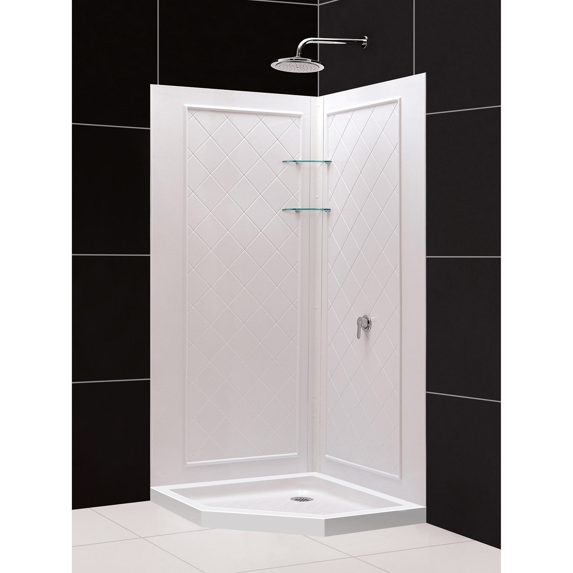 DreamLine 42 inch D x 42 inch W x 76 3/4 inch H Corner Drain Neo-Angle Shower Base and QWALL-4 Wall Kit
