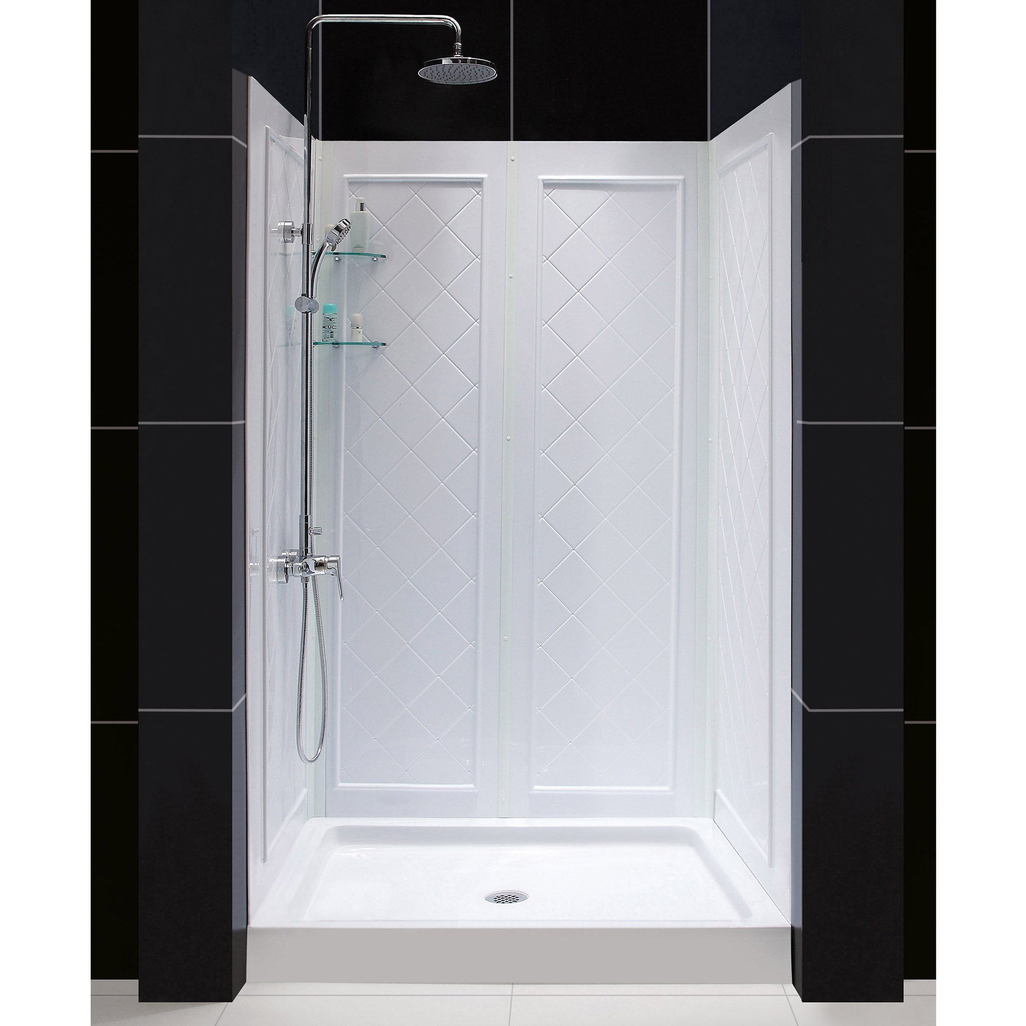 DreamLine 34 inch D x 48 inch W x 76 3/4 inch H Center Drain Shower Base and QWALL-5 Wall Kit In White