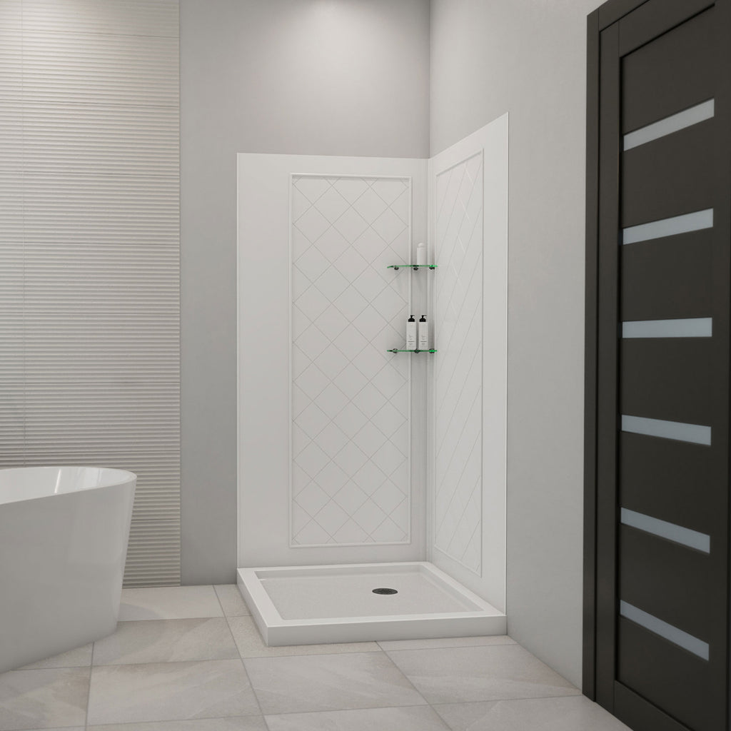 DreamLine 36 inch D x 36 inch W x 76 3/4 inch H Corner Drain Shower Base and QWALL-4 Wall Kit