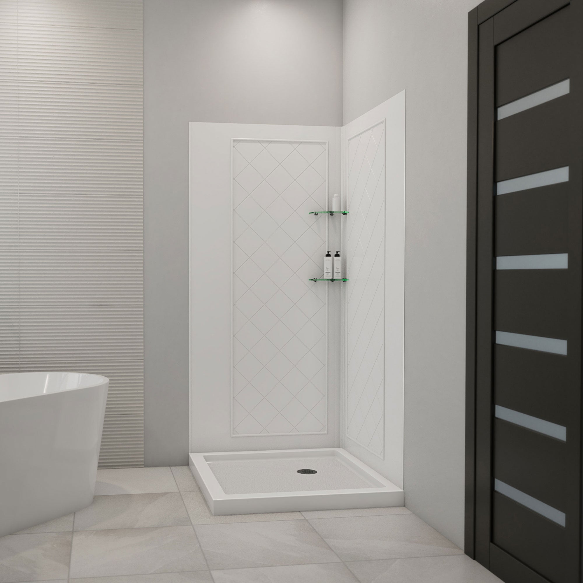 DreamLine 36 inch D x 36 inch W x 76 3/4 inch H Corner Drain Shower Base and QWALL-4 Wall Kit