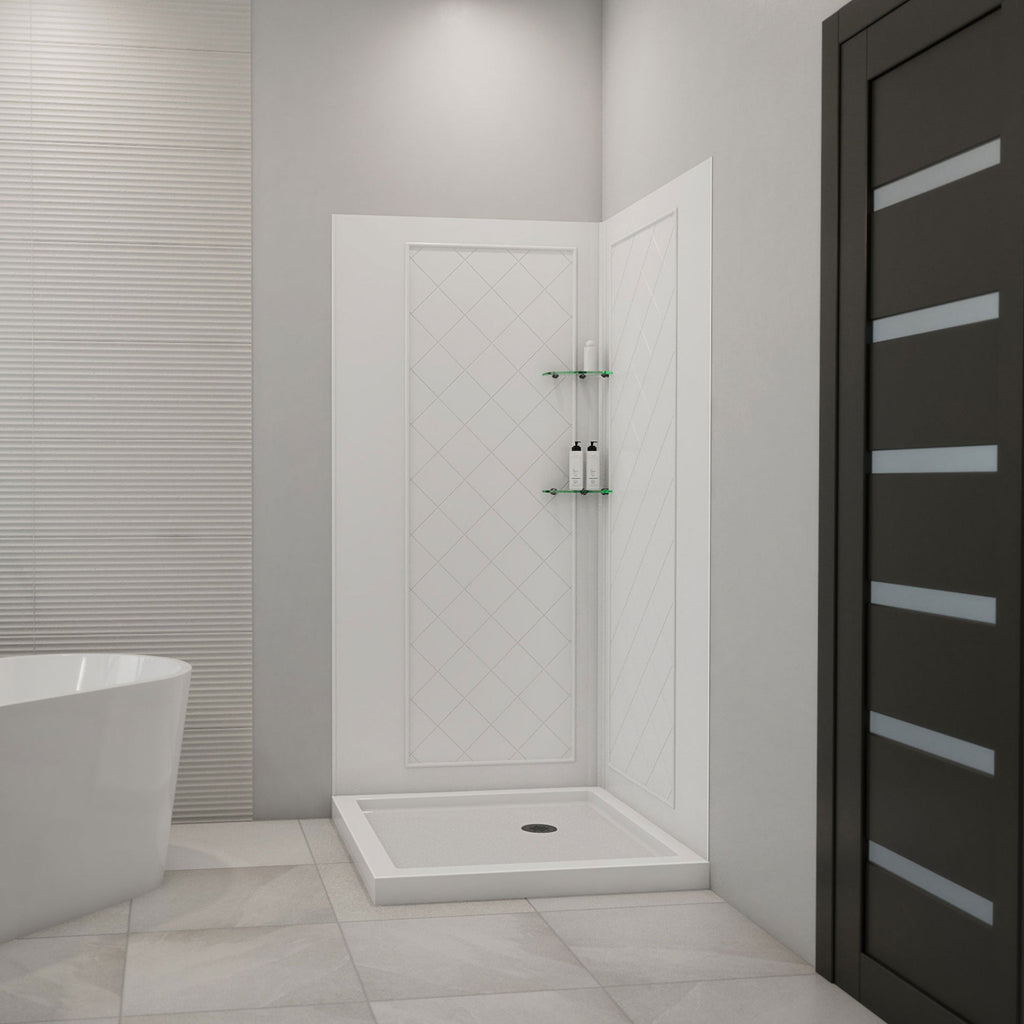 DreamLine 36 inch D x 36 inch W x 76 3/4 inch H Corner Drain Shower Base and QWALL-4 Wall Kit