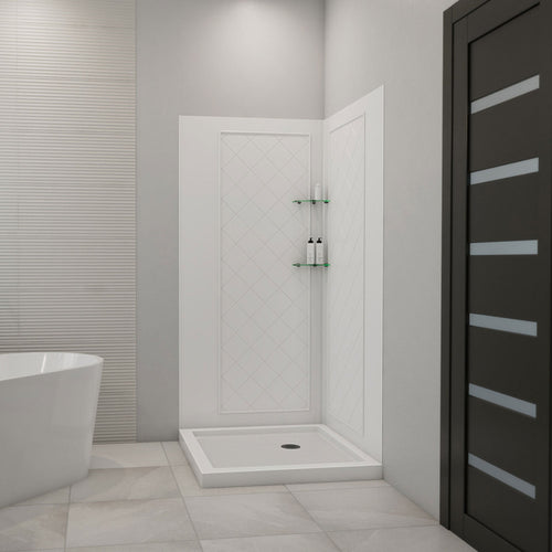 DreamLine 36 inch D x 36 inch W x 76 3/4 inch H Corner Drain Shower Base and QWALL-4 Wall Kit