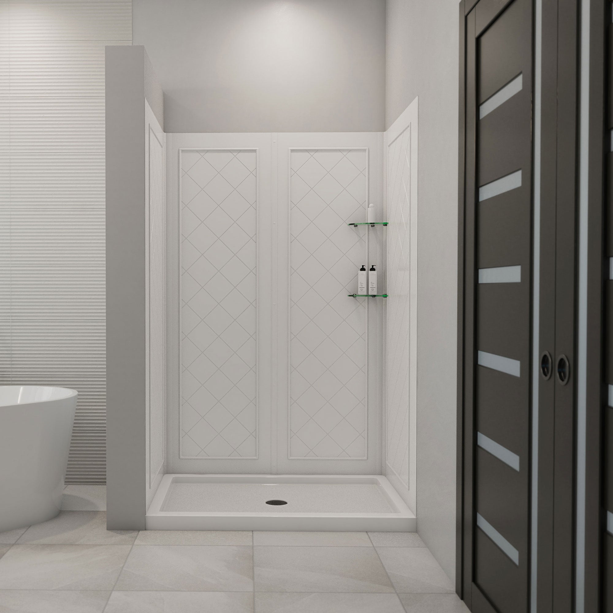 DreamLine 32 inch D x 48 inch W x 76 3/4 inch H Center Drain Shower Base and QWALL-5 Wall Kit In White