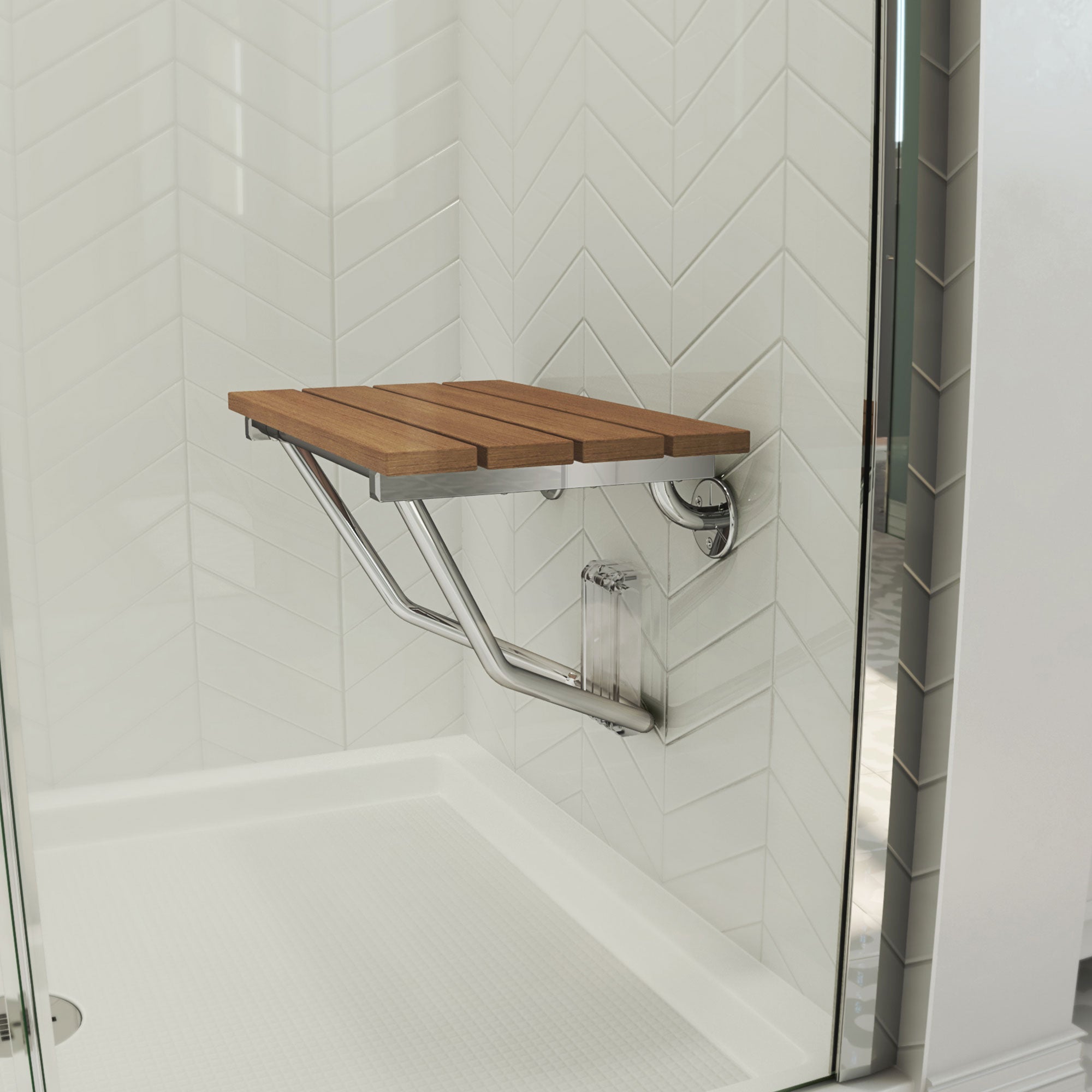 DreamLine Natural Teak Folding Shower Seat. ADA Compliant Shower Seat. 15 3/8 inch D x 20 inch W