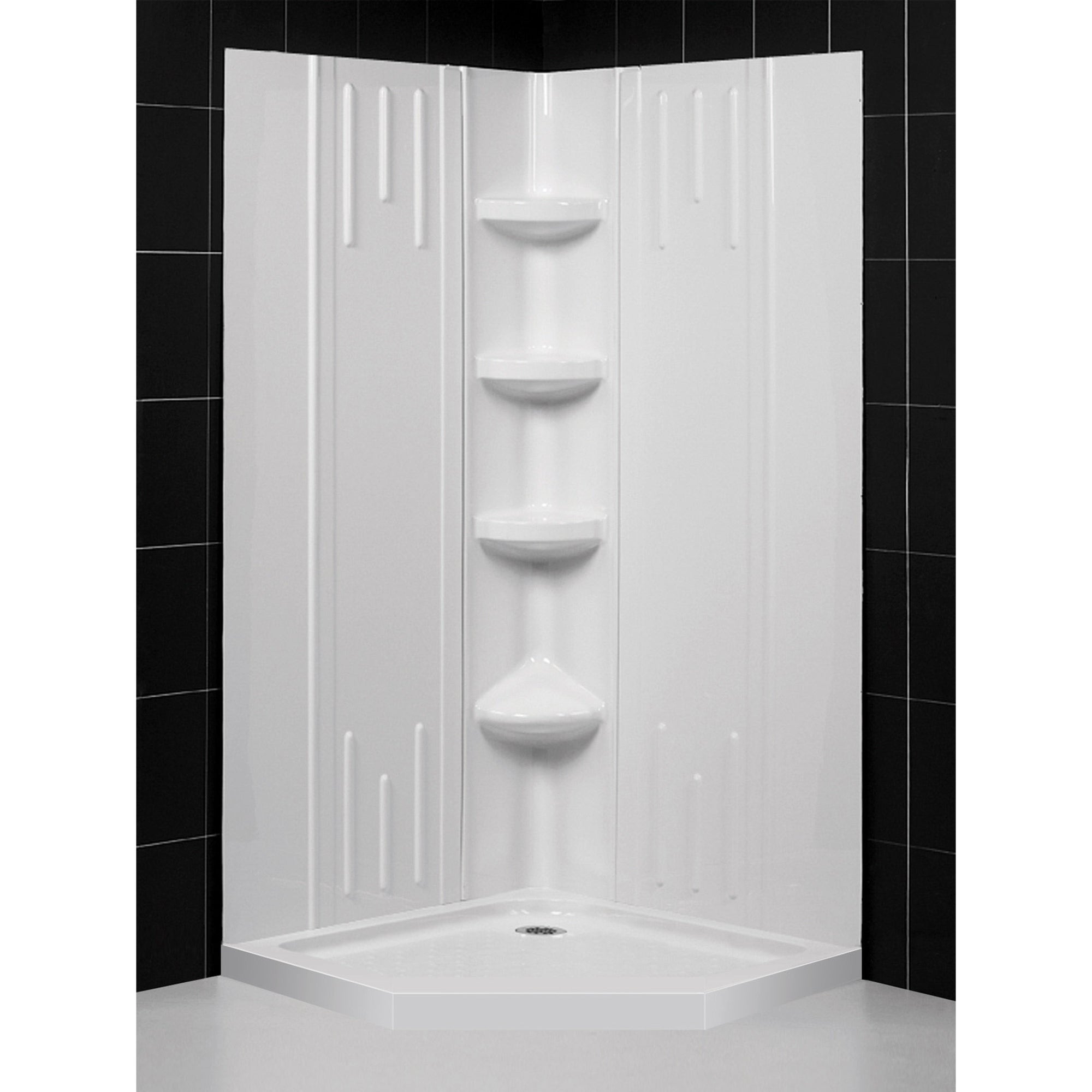 DreamLine 36 inch D x 36 inch W x 75 5/8 inch H Corner Drain Neo-Angle Shower Base and QWALL-2 Wall Kit