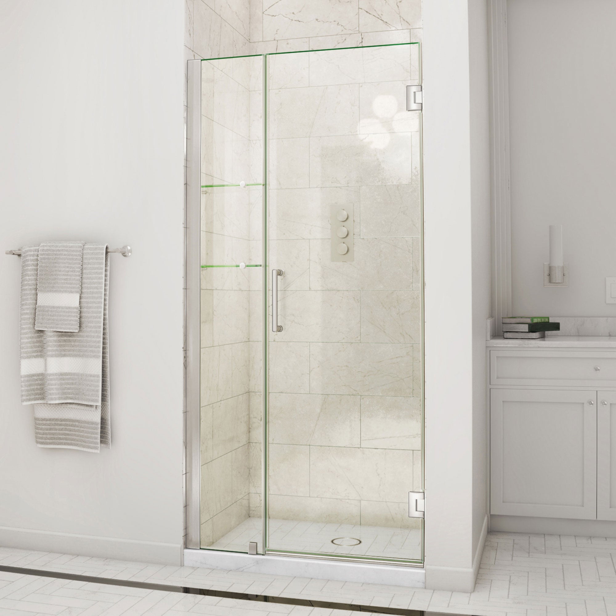 DreamLine Unidoor 38 - 39 inch W x 72 inch H Frameless Hinged Shower Door with Shelves