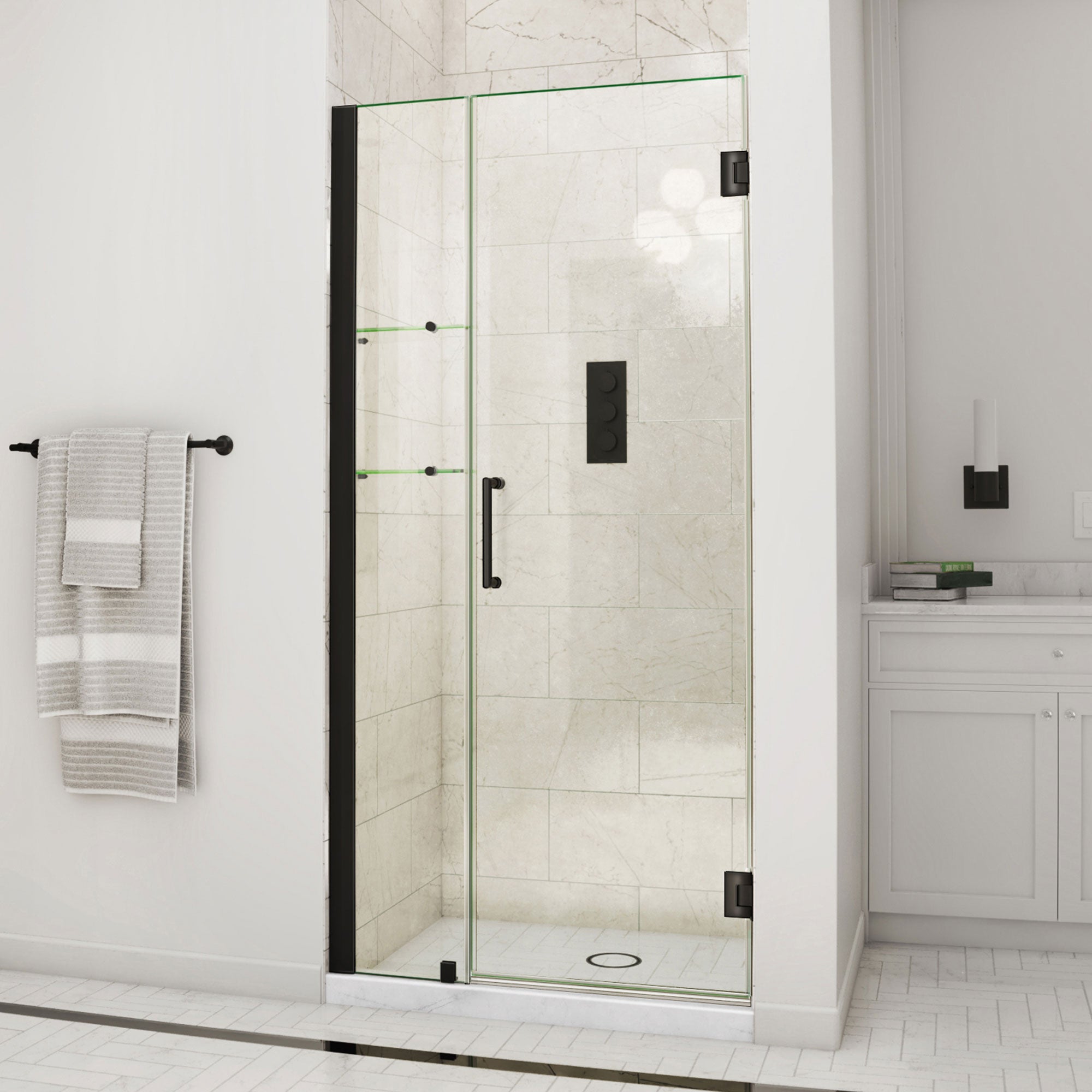 DreamLine Unidoor 35 - 36 inch W x 72 inch H Frameless Hinged Shower Door with Shelves