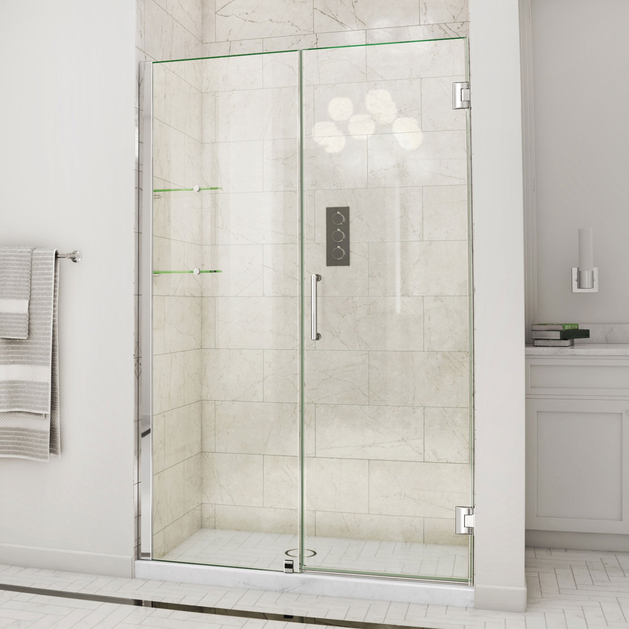 DreamLine Unidoor 48 - 49 inch W x 72 inch H Frameless Hinged Shower Door with Shelves