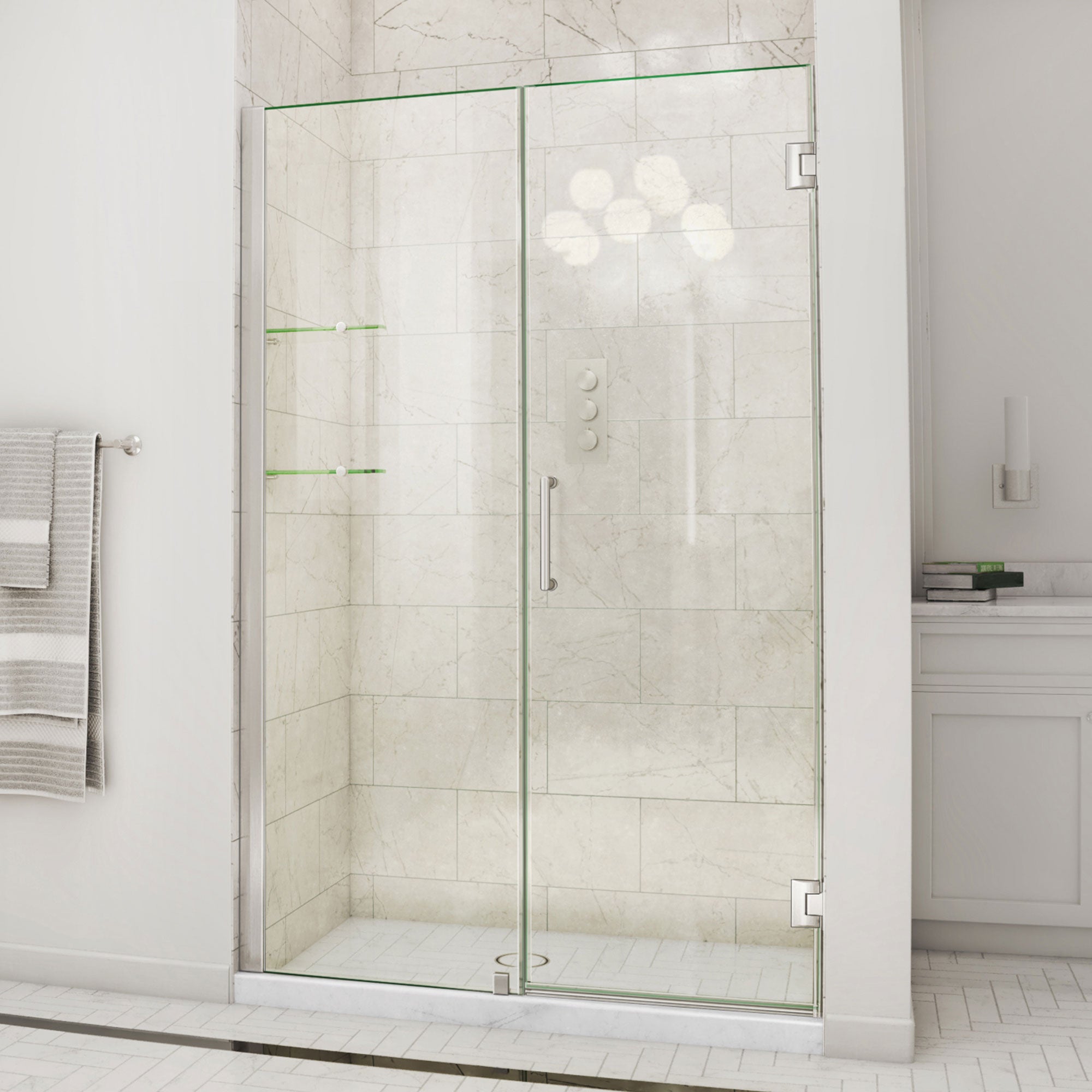 DreamLine Unidoor 49 - 50 inch W x 72 inch H Frameless Hinged Shower Door with Shelves