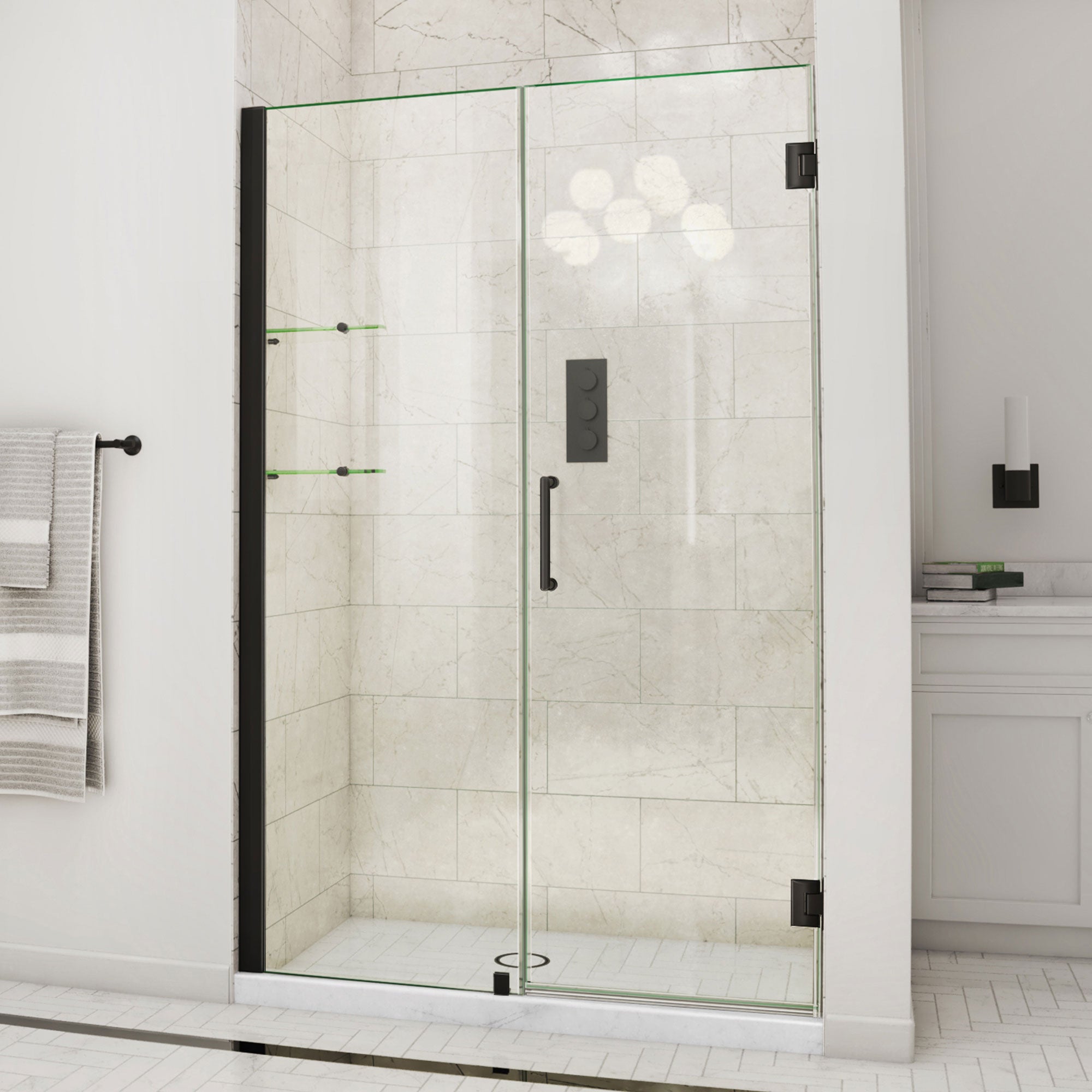 DreamLine Unidoor 51 - 52 inch W x 72 inch H Frameless Hinged Shower Door with Shelves