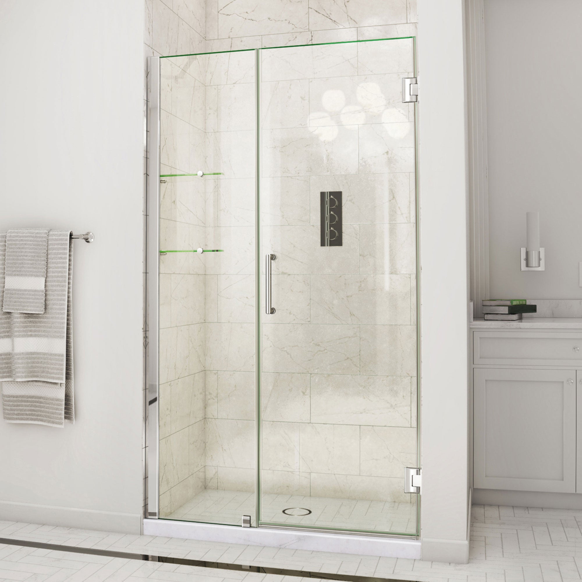 DreamLine Unidoor 43 - 44 inch W x 72 inch H Frameless Hinged Shower Door with Shelves