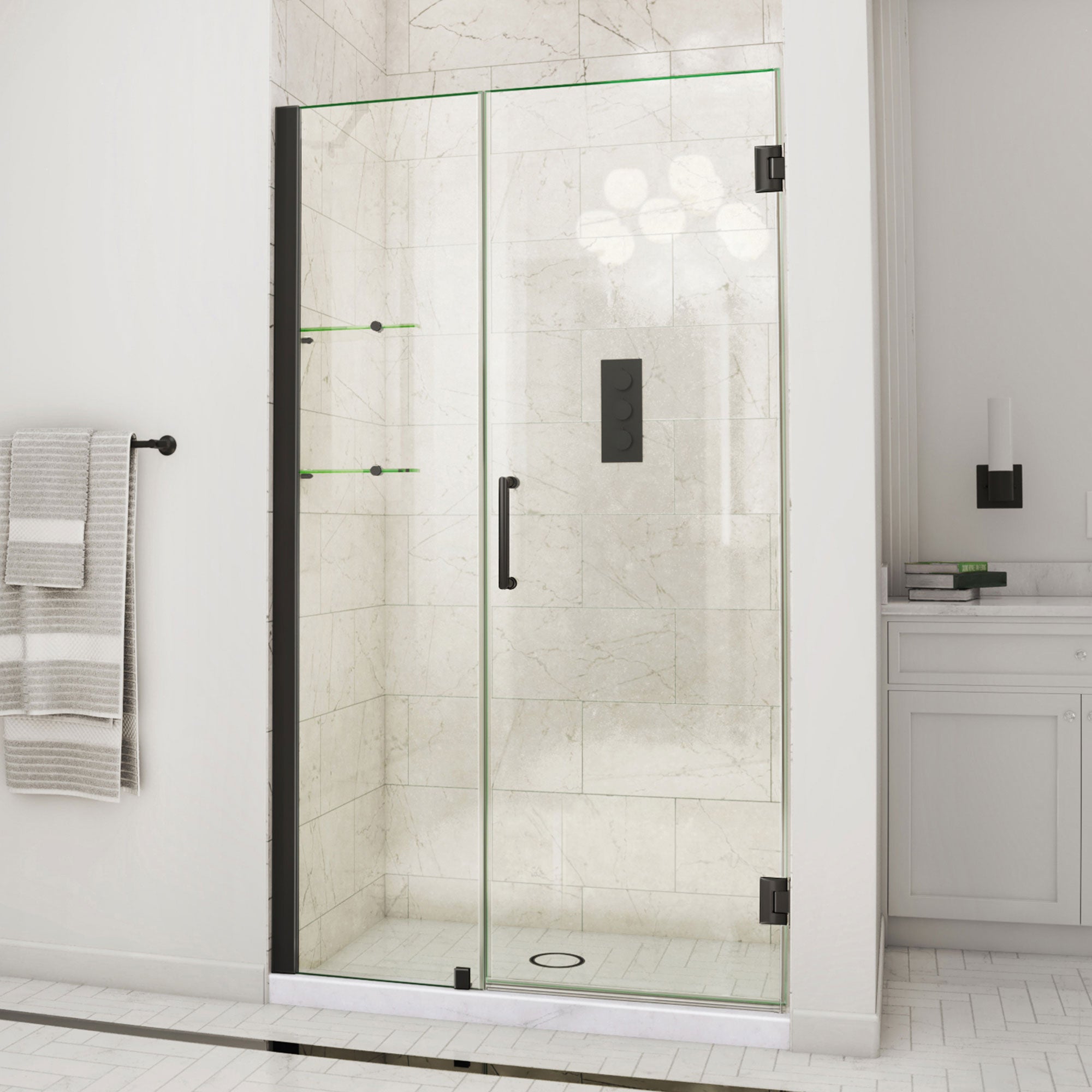 DreamLine Unidoor 45 - 46 inch W x 72 inch H Frameless Hinged Shower Door with Shelves