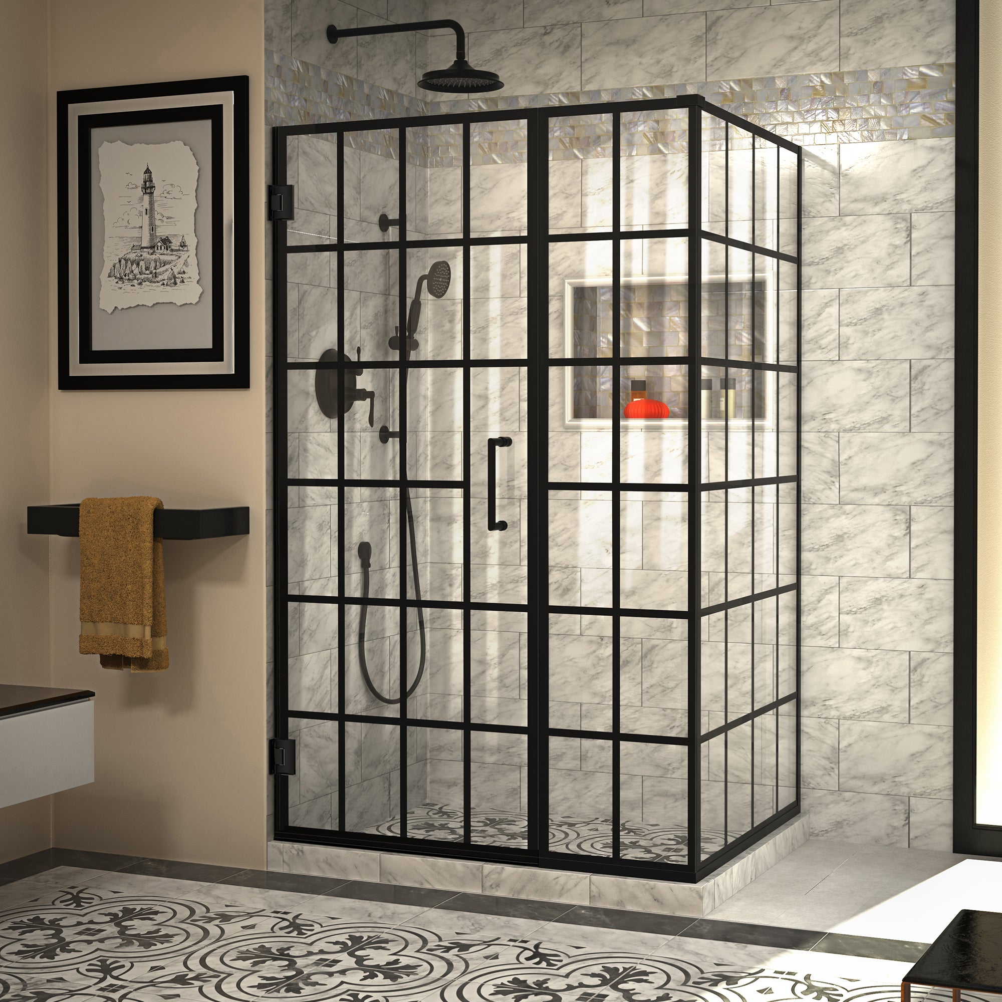 DreamLine Unidoor Toulon 34 3/8 inch D x 45 7/8 inch W x 72 inch H Frameless Hinged Shower Enclosure in Matte Black