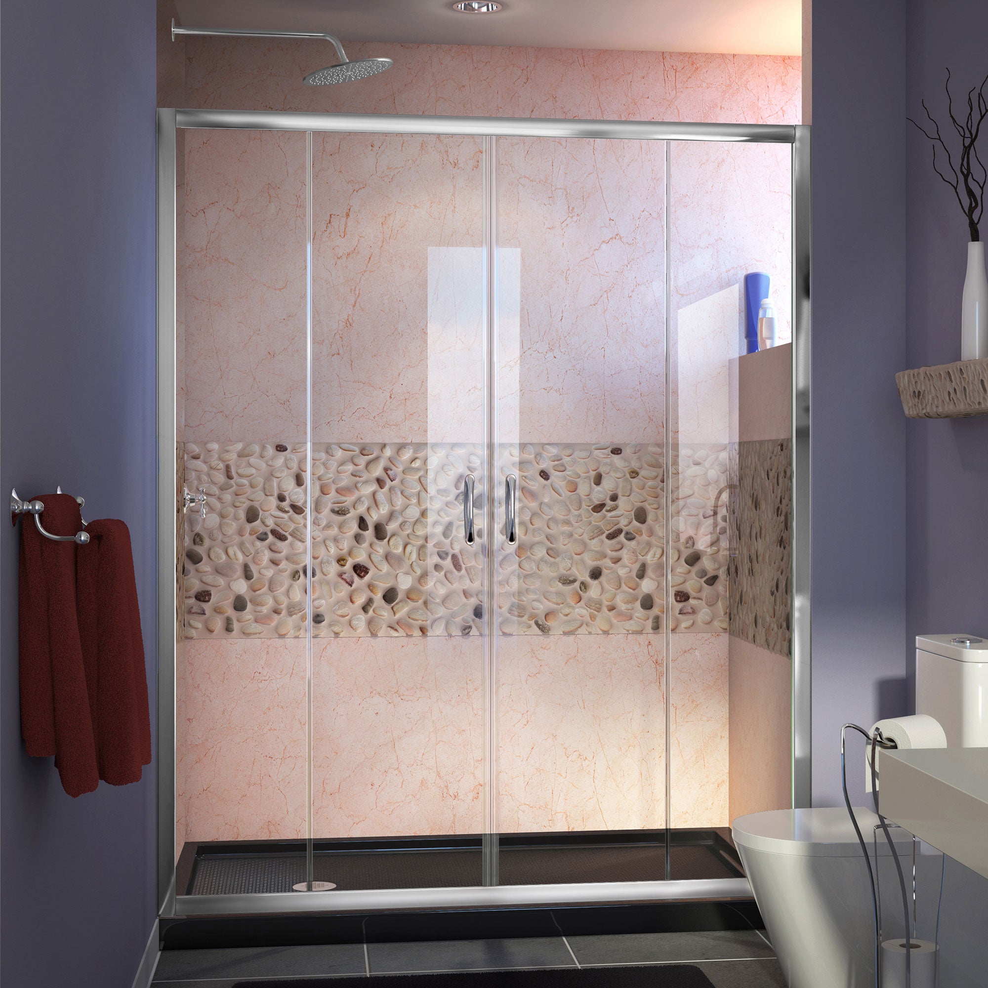 DreamLine Visions 34" D x 60" W x 74 3/4" H Semi-Frameless Sliding Shower Door with Drain and Shower Base Kit